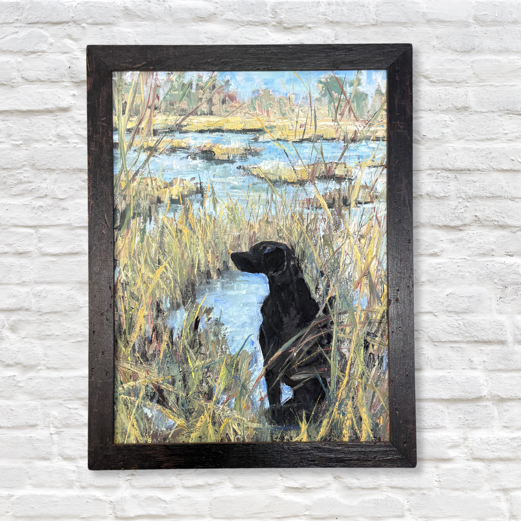 Black lab dog marsh oil painting