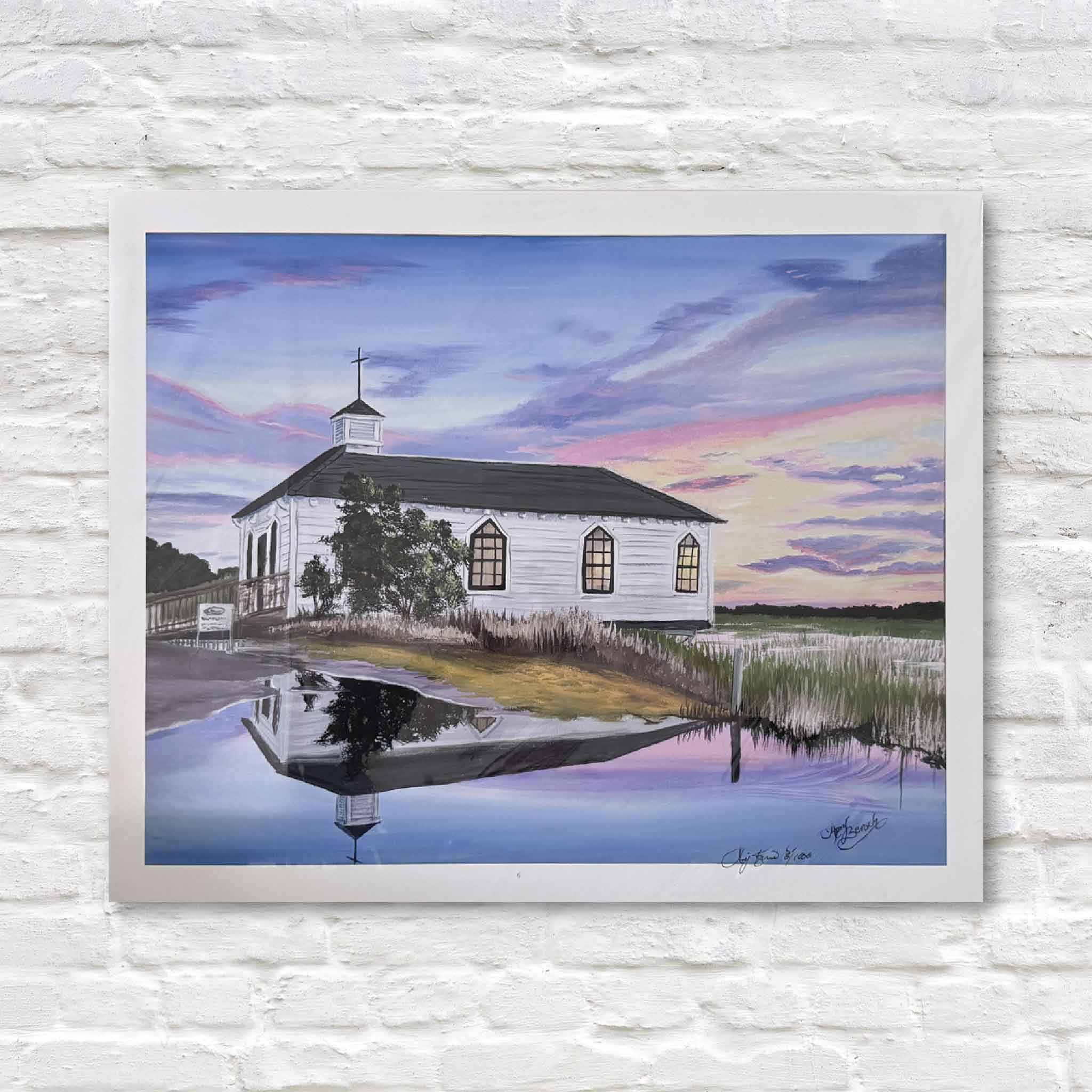 Artwork of a white church by a body of water with a colorful sky.