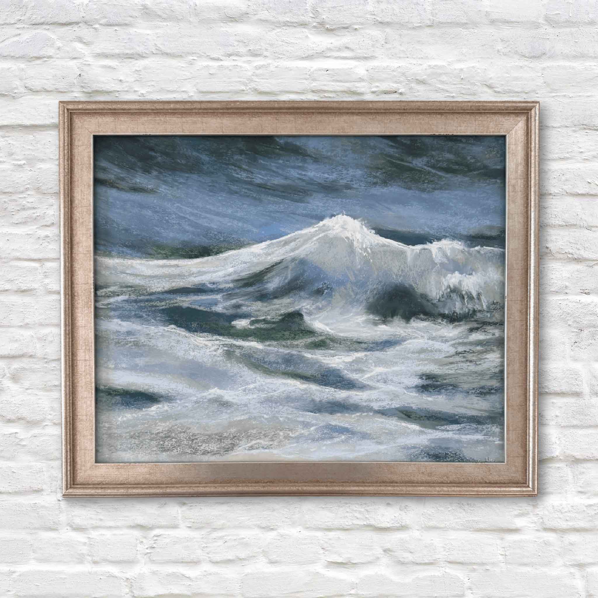 Framed painting of a wave on a textured white wall