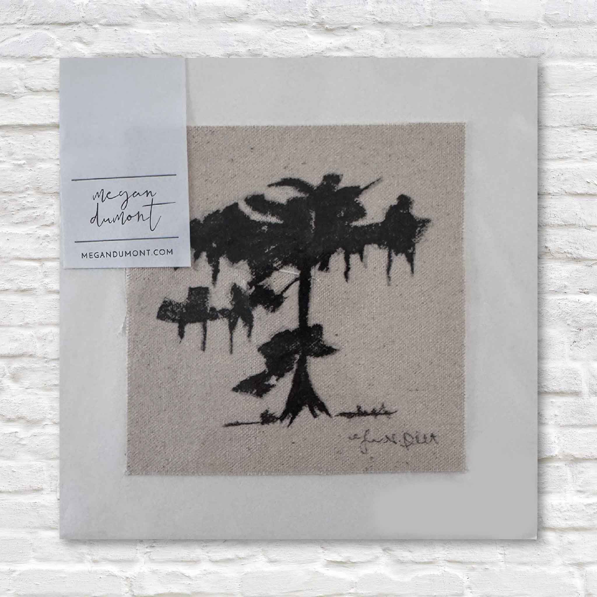 Artistic depiction of a palm tree on textured paper with a signature and brand name at the top.