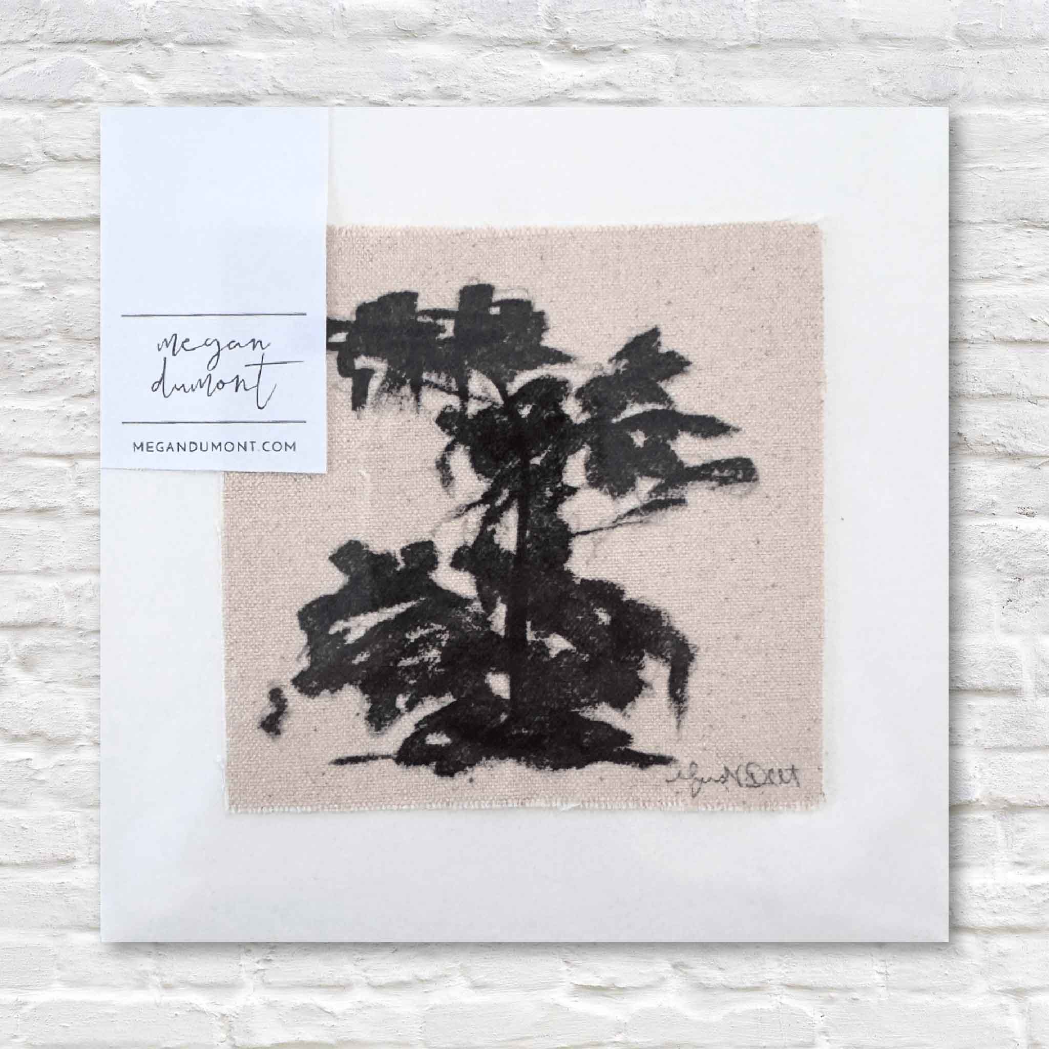 Art print with black abstract tree design on canvas, signed by Megan Dumont.