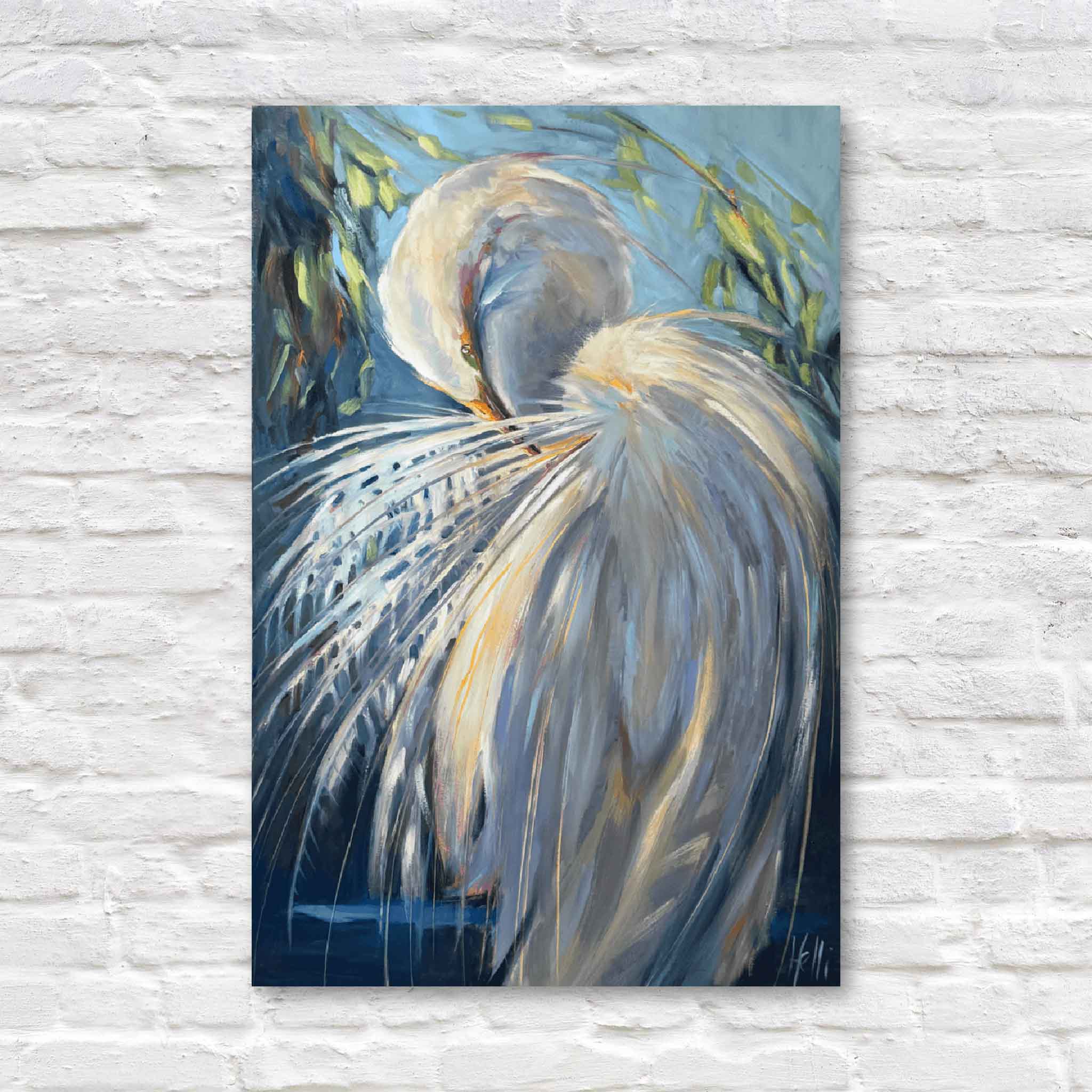 Painting of a heron with a blue and green background on a textured white wall.