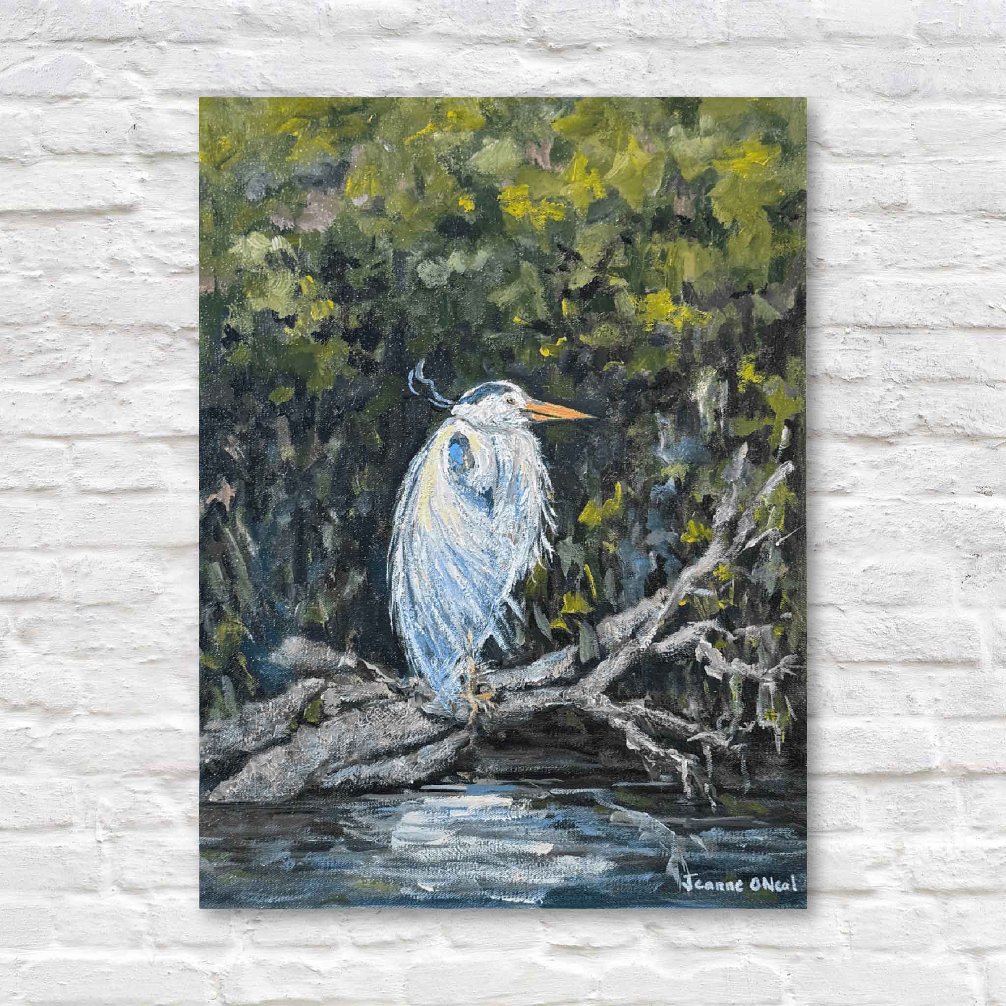 Painting of a heron on a branch over water with a natural background