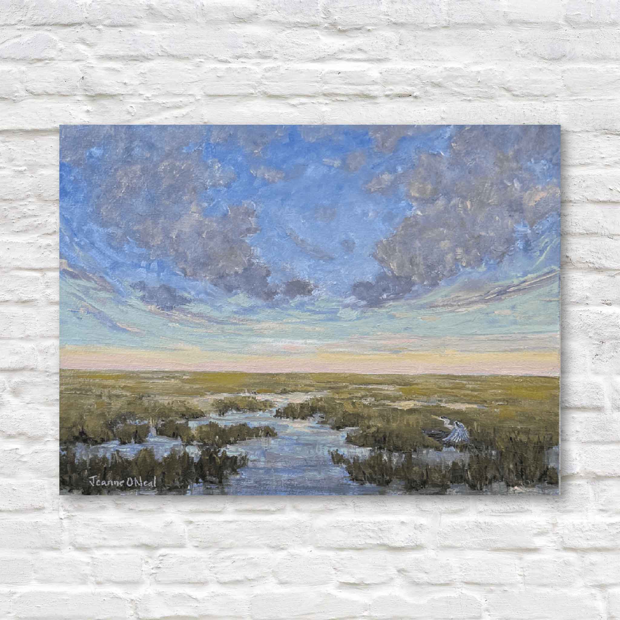 Painting of a landscape with water and sky on a textured white wall