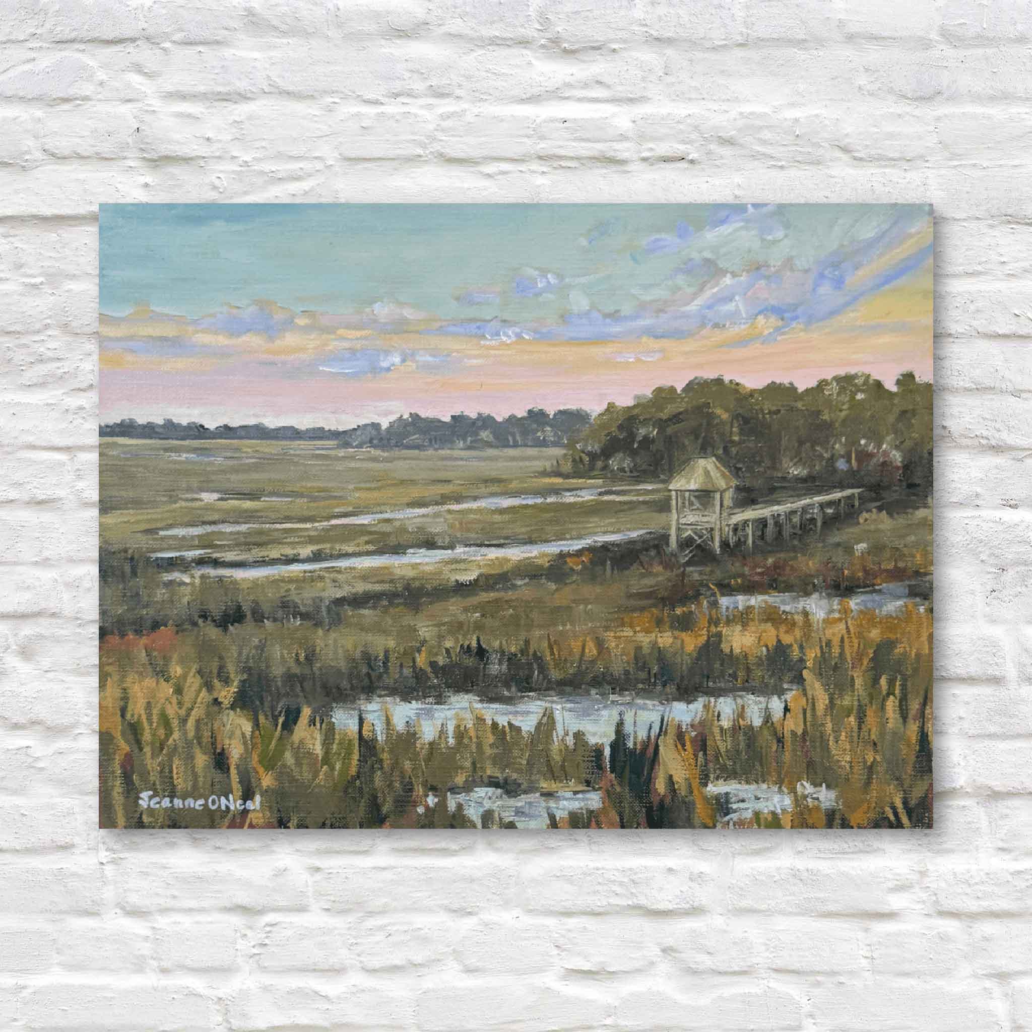 Painting of a marsh landscape with a wooden structure on a white brick wall.