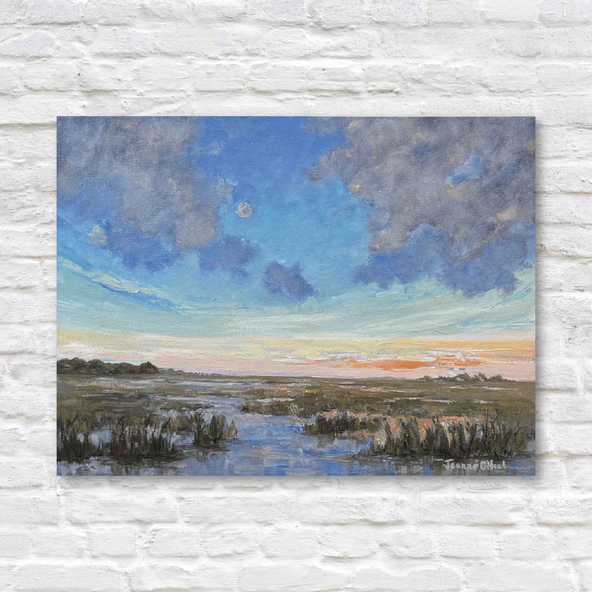 Painting of a marsh landscape with water and sky on a textured white wall