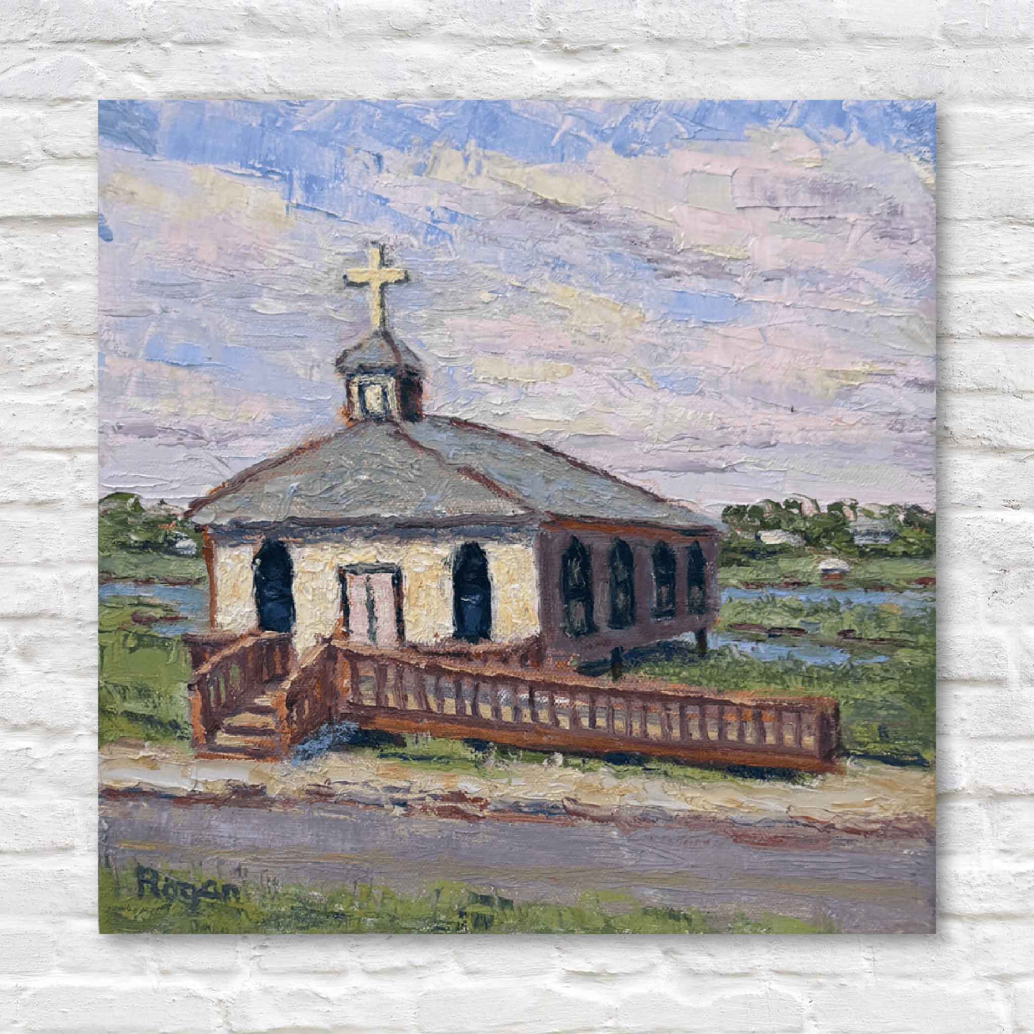 Painting of a small church with a cross on a cloudy sky background