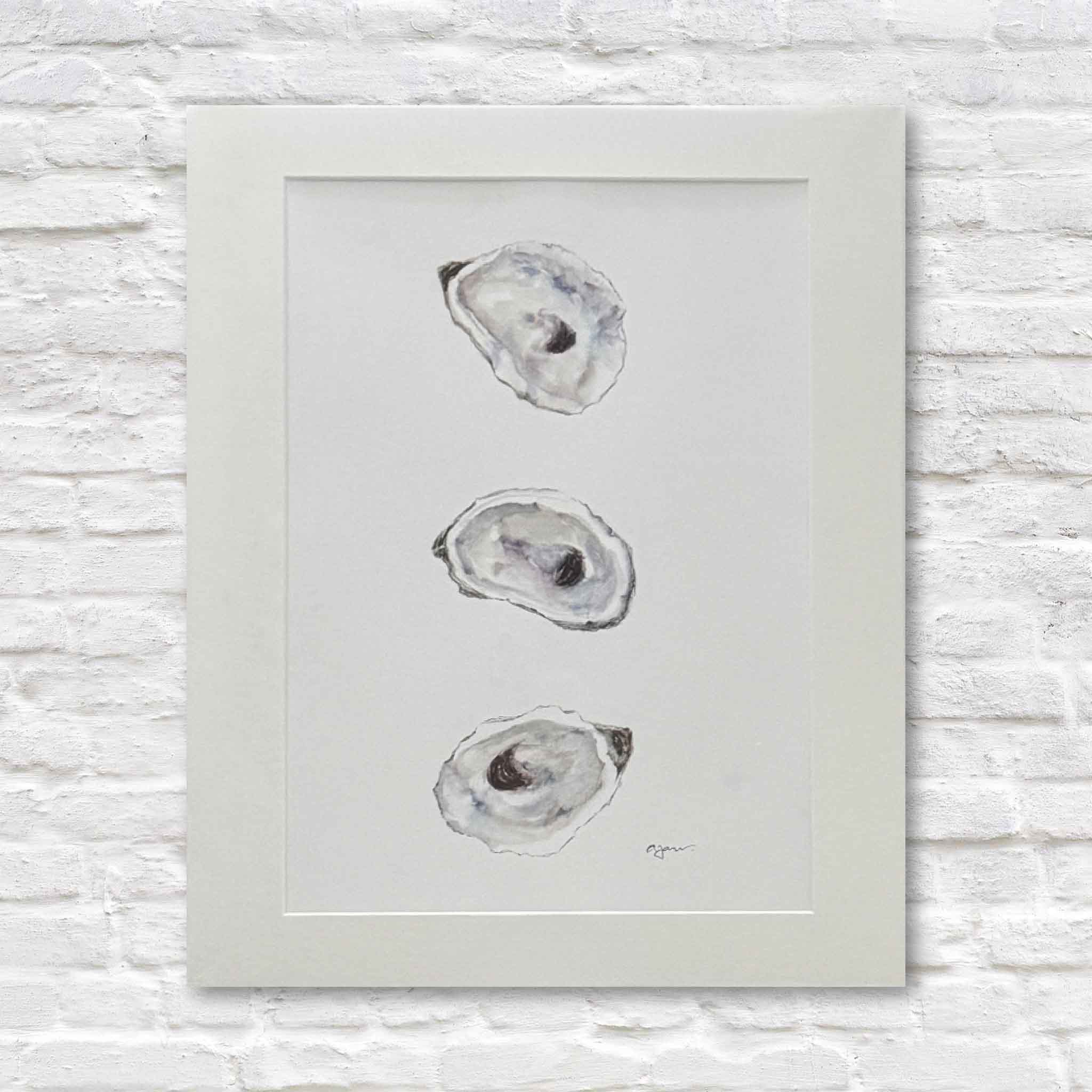 Hand-painted watercolor artwork of three oyster shells in soft gray, lavender, and blue hues by Allison Farr, titled Iridescence, from her Lowcountry Jewels series.