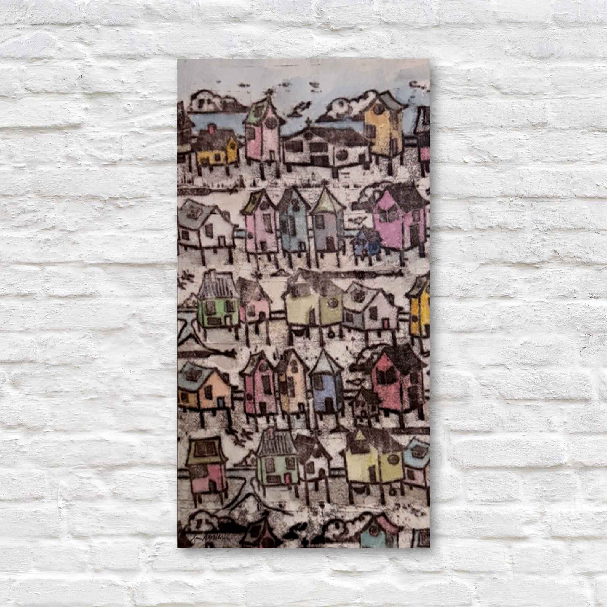  mixed media with a pattern of colorful houses on a white brick wall background
