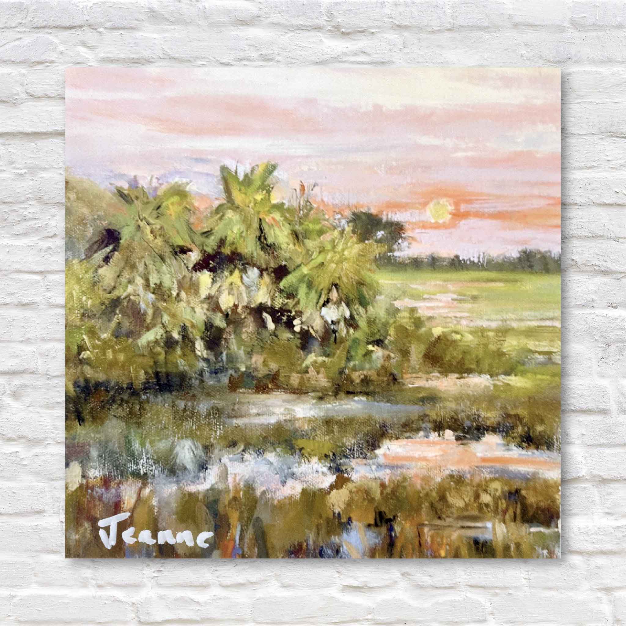 Painting of a landscape with trees, marsh, and water, with artist's signature, on a white brick wall.