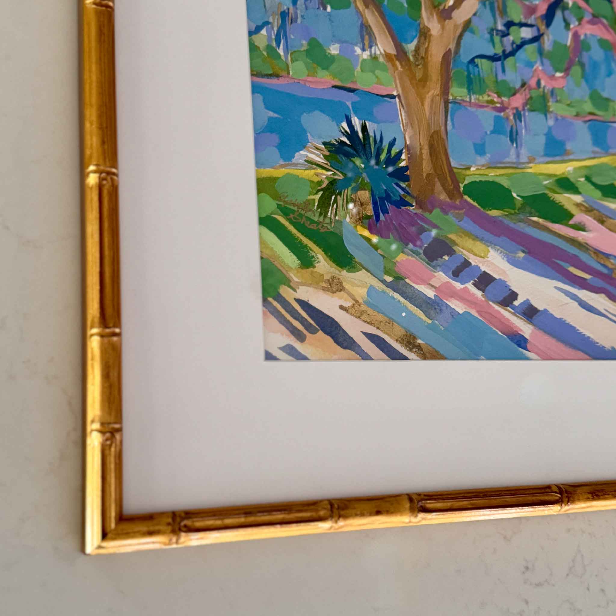 Bamboo gold framed mixed media artwork of colorful lowcountry trees 