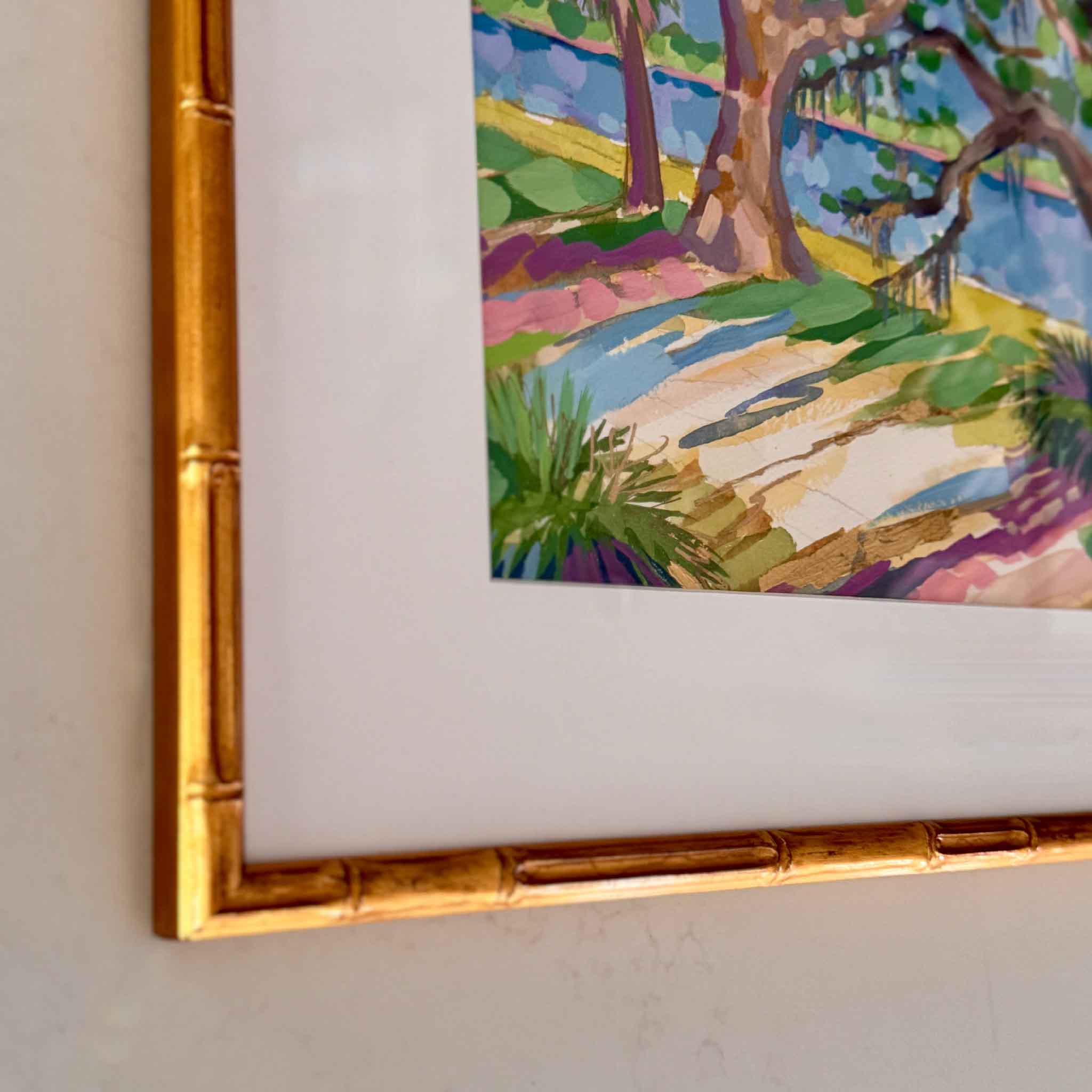 Bamboo gold framed mixed media artwork of colorful lowcountry trees 