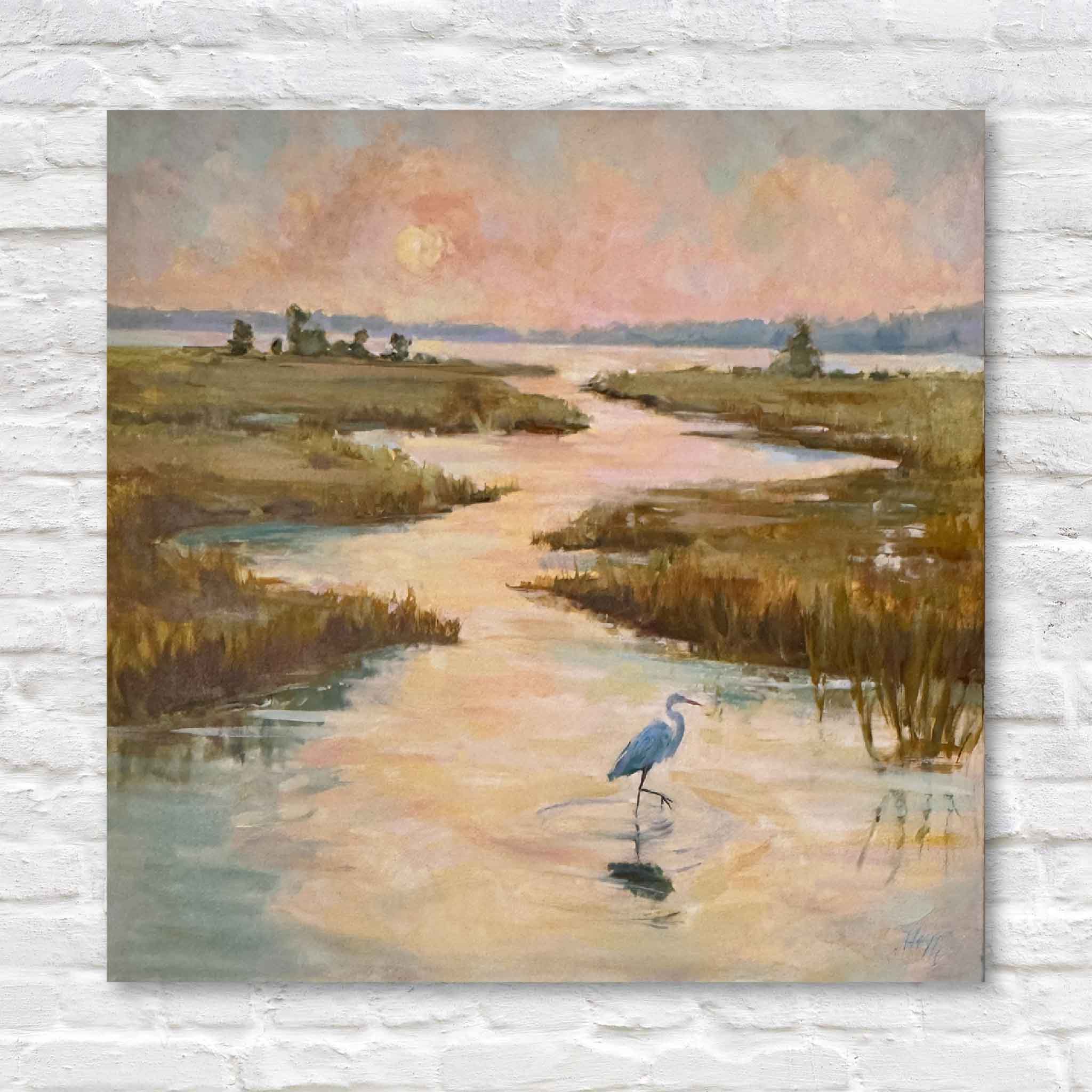 Painting of a heron wading in water with a marsh landscape and sunset sky.