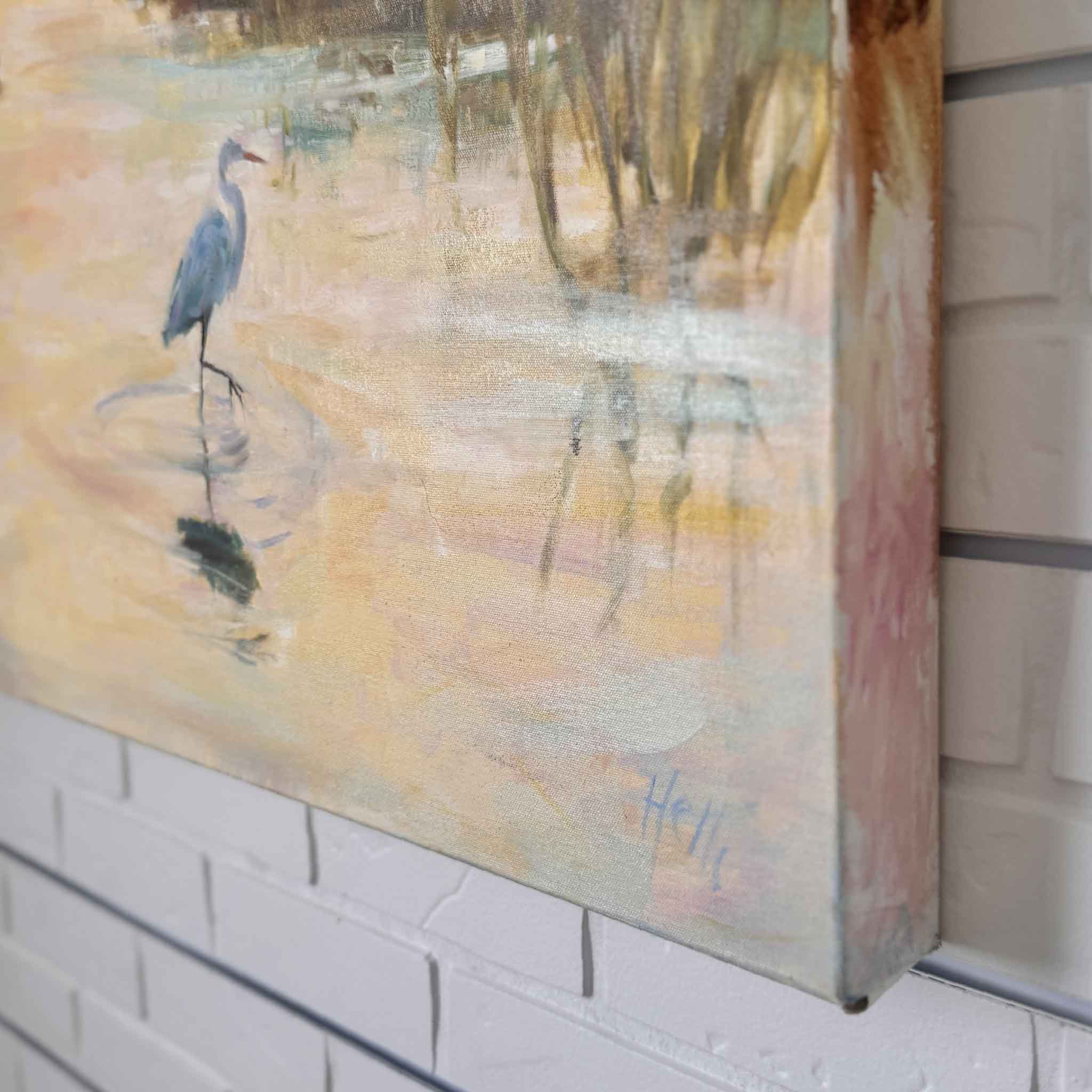 Abstract painting of a bird on a textured wall