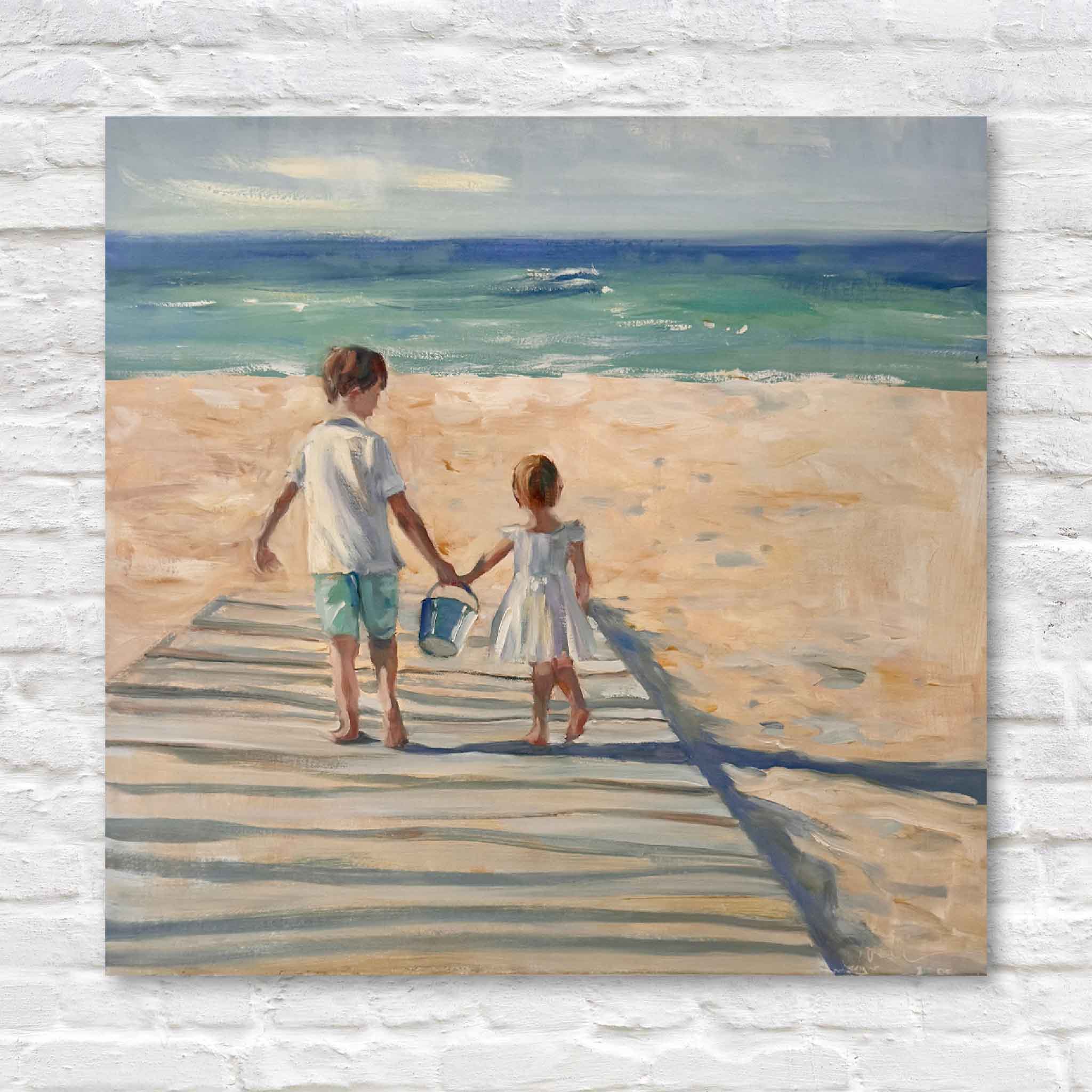 Painting of two children holding hands on a wooden boardwalk by the sea.