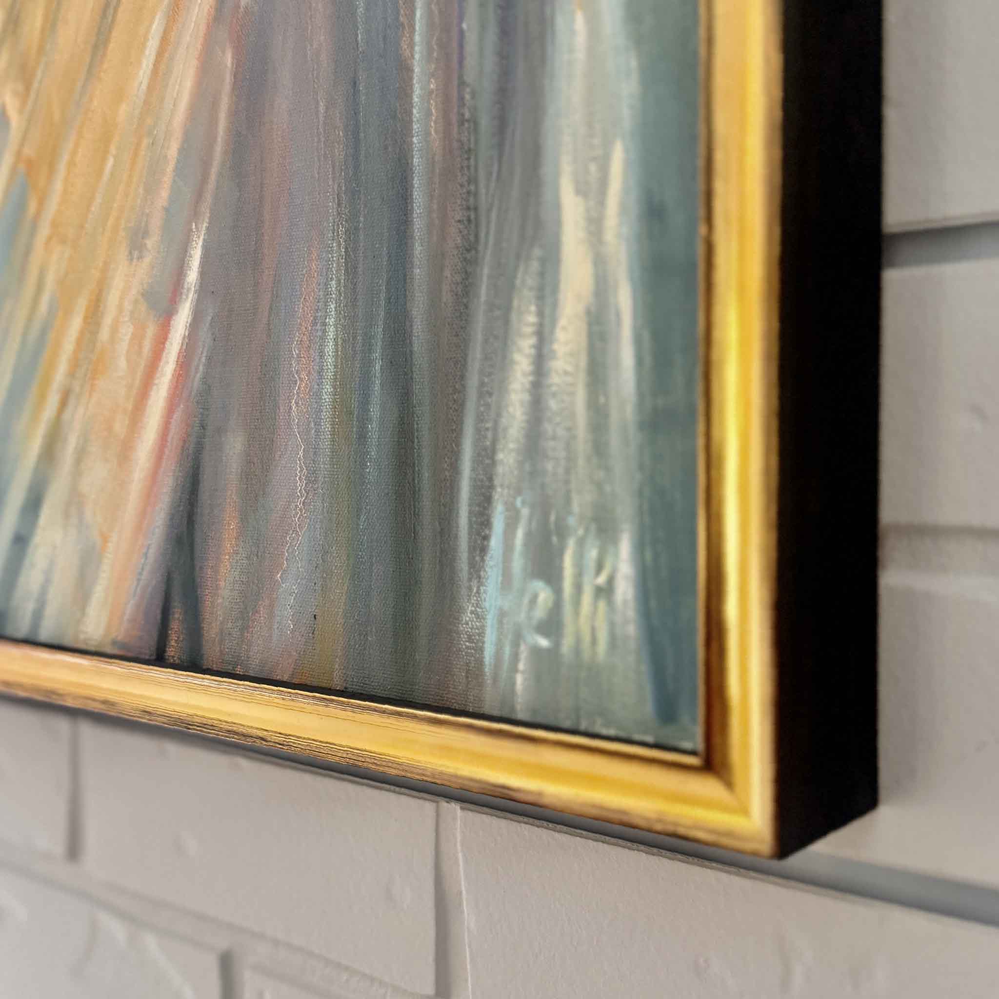 Abstract Heron painting with a gold frame on a textured wall