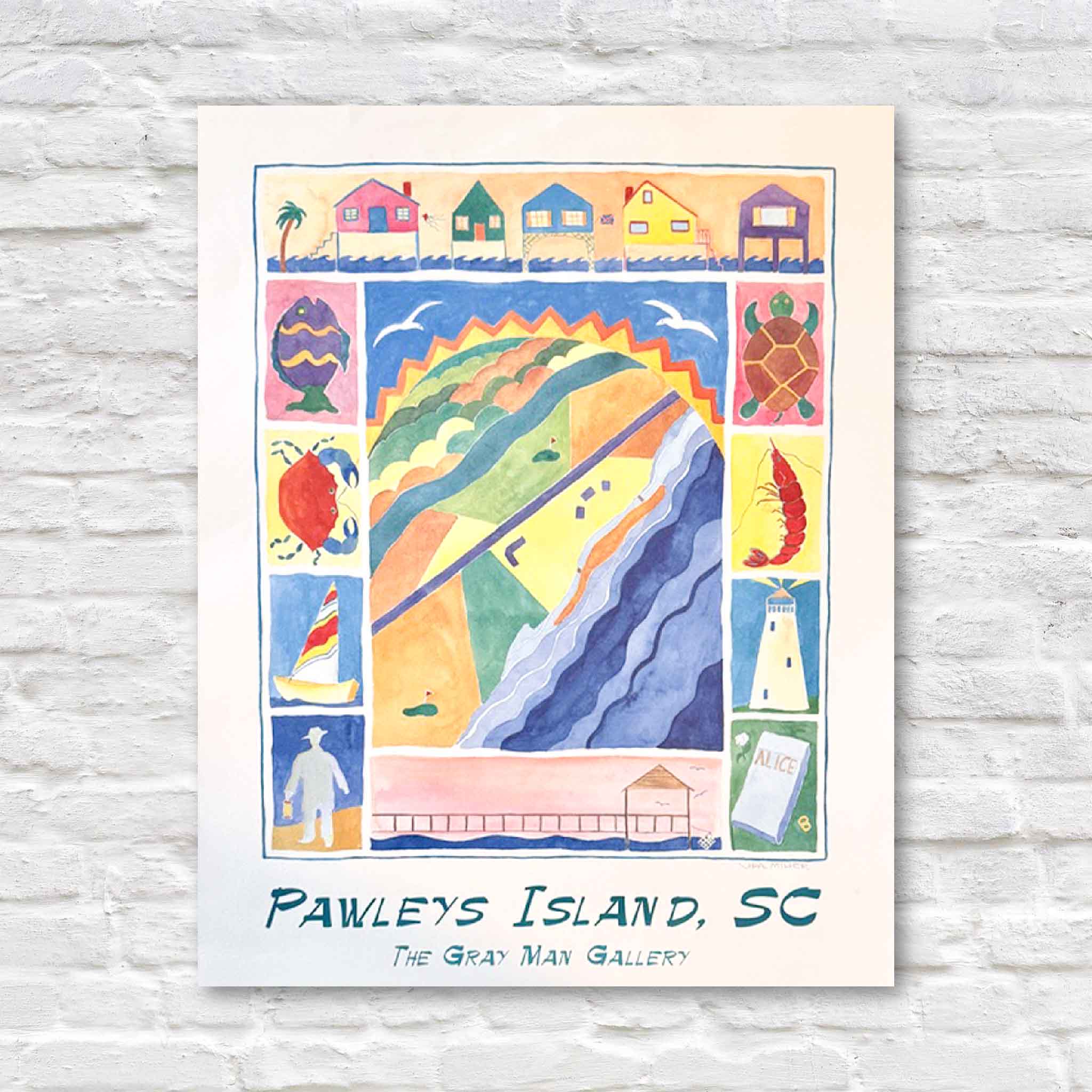 Colorful artwork of Pawleys Island, SC on a white background