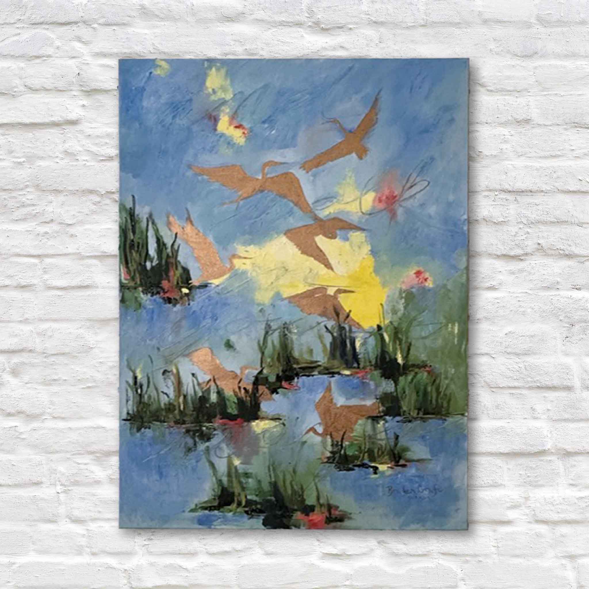 Painting of birds over water with a blue sky and greenery
