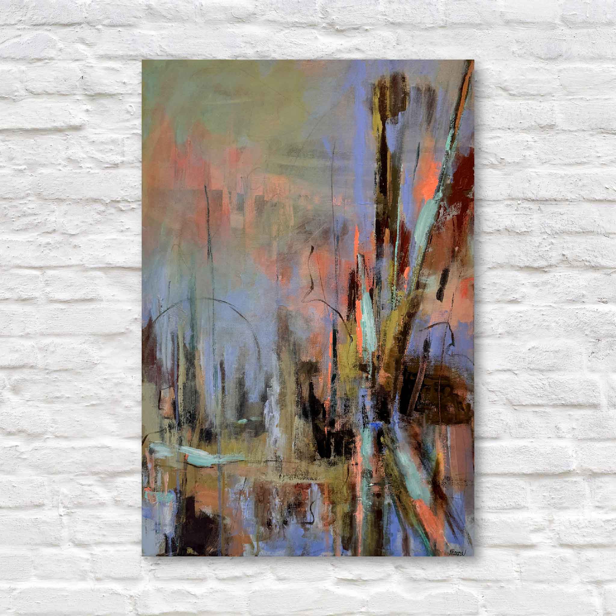 Abstract painting on a textured white wall