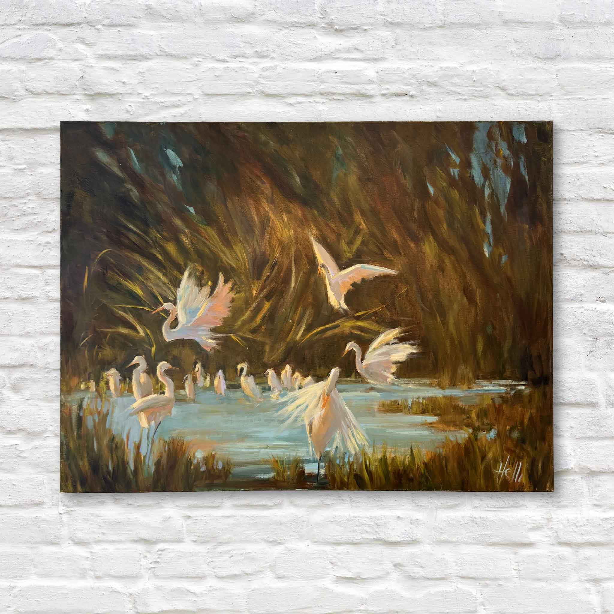 Painting of birds by a body of water on a textured wall.