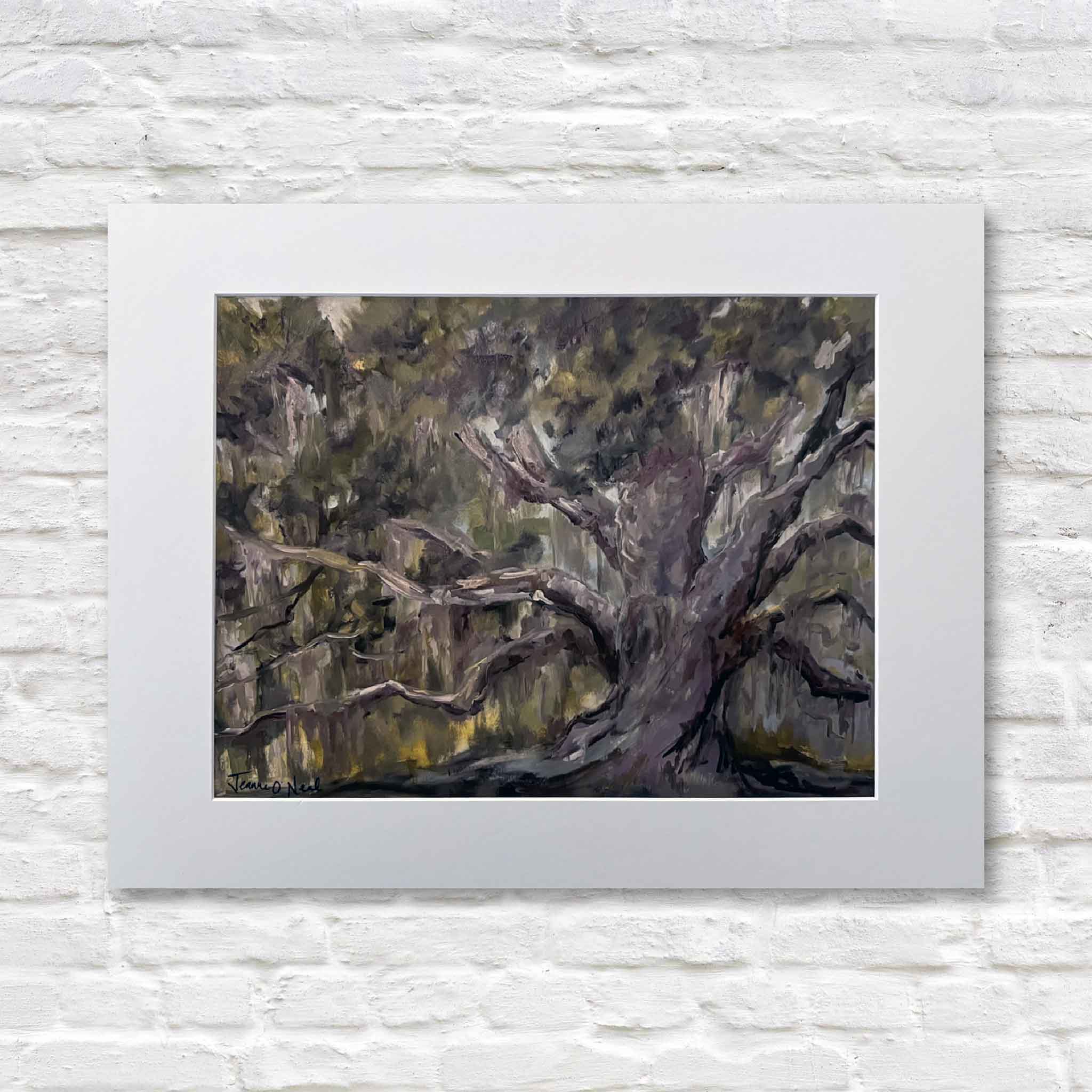 Matted giclée print “Tell Me a Story” by Jeanne O’Neal, depicting a sprawling live oak tree with expressive brushstrokes and earthy tones.