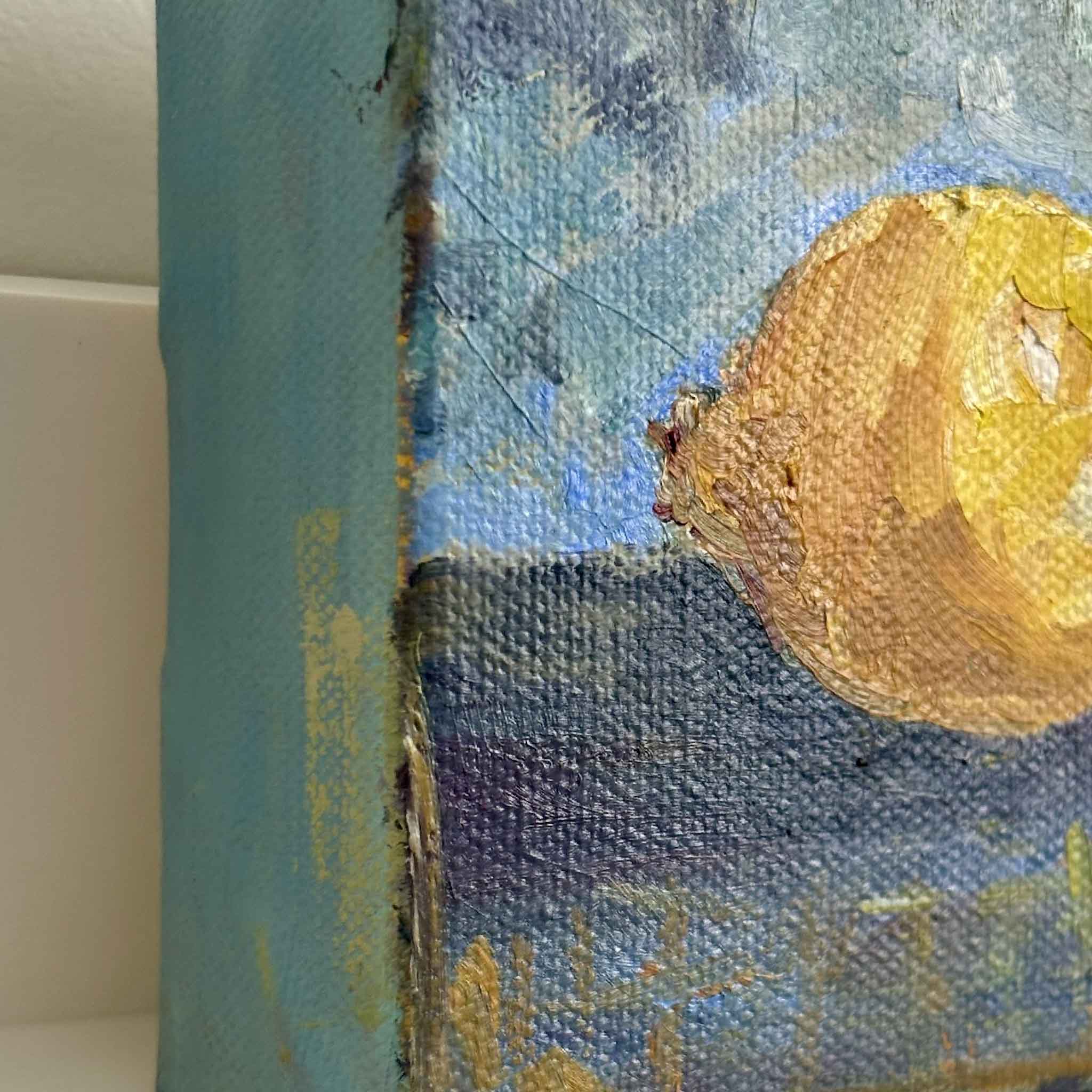 Bright lemon oil painting by Lowcountry artist Jeanne O’Neal, 4x4 still life gallery-wrapped