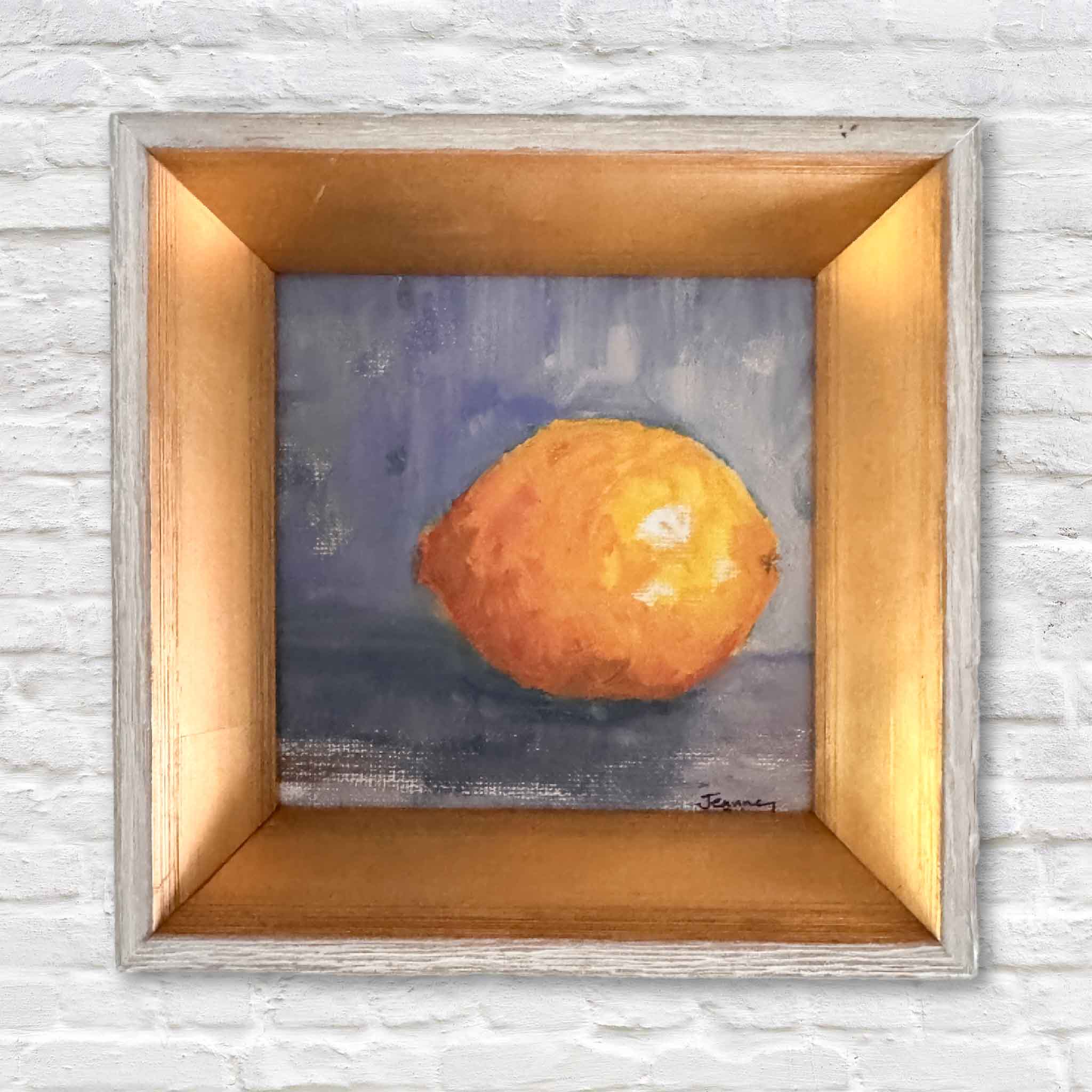 Jeanne O’Neal original oil lemon painting, warm citrus tones against cool background, 4x4 framed