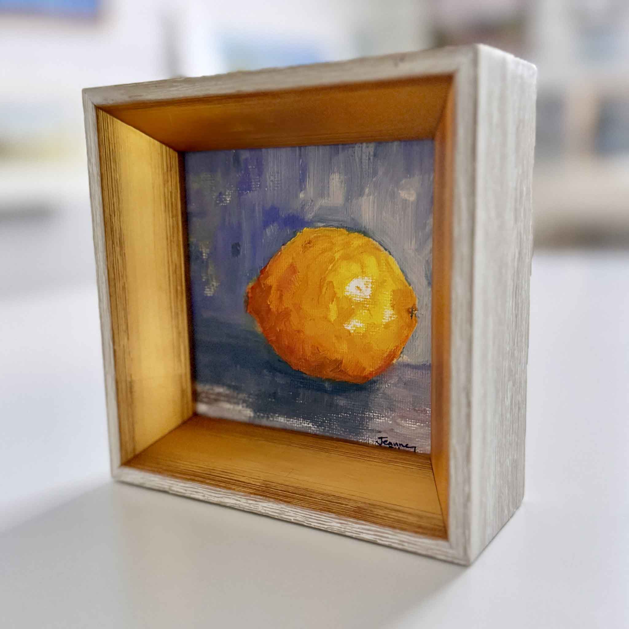 Jeanne O’Neal original oil lemon painting, warm citrus tones against cool background, 4x4 framed