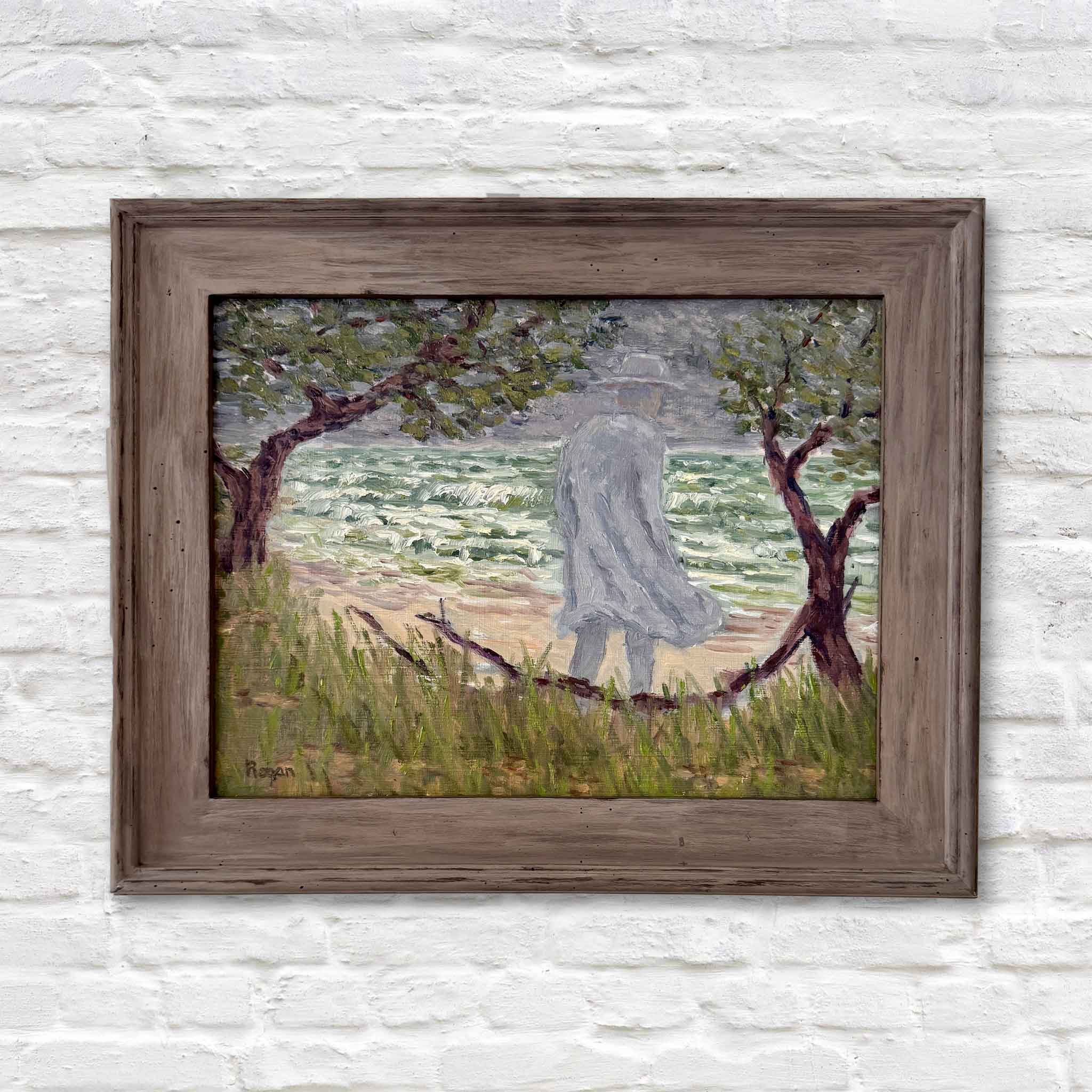 Original oil painting The Gray Man by Michael Rogan, depicting the legendary ghostly figure on the shore of Pawleys Island, framed in rustic weathered wood.