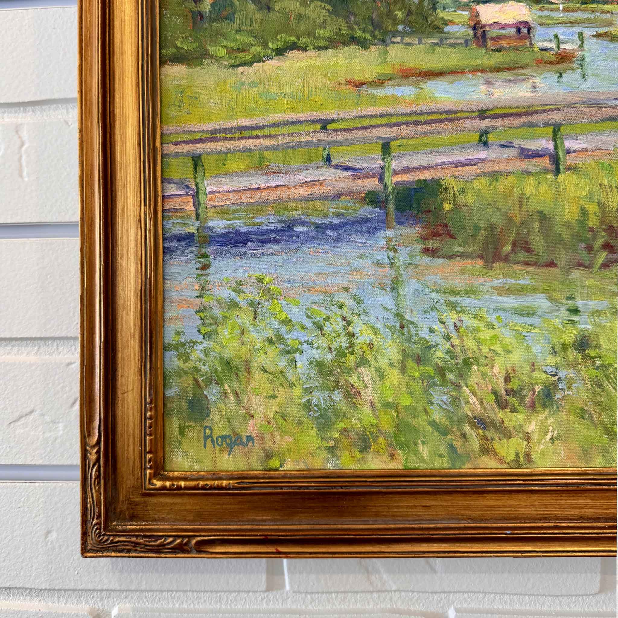 View from South Litchfield oil painting by Michael Rogan — original Lowcountry marsh landscape artwork featuring tidal creeks, docks, and Litchfield by the Sea in the background, framed coastal South Carolina art.