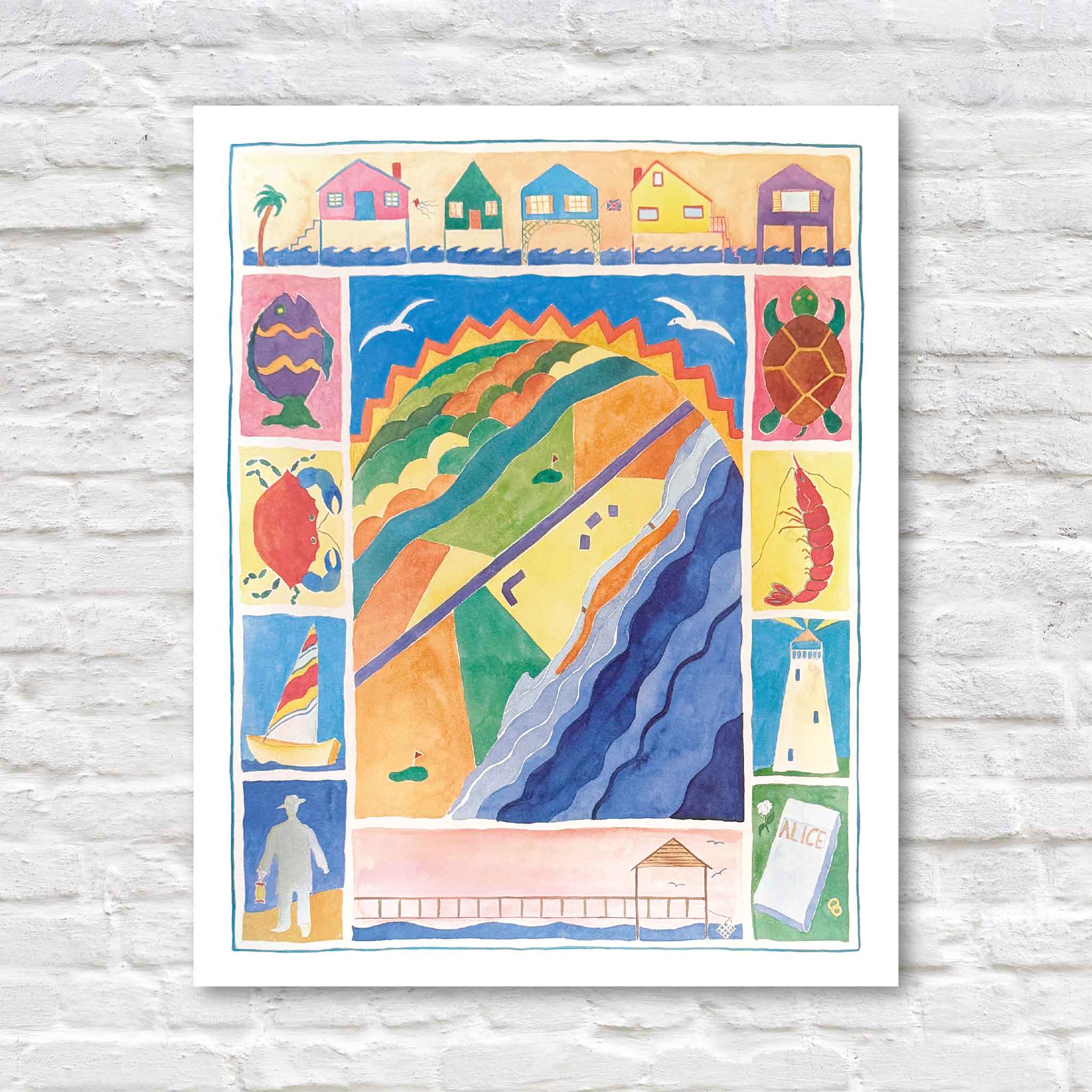 Signed Pawleys Island poster by local artist Vida Miller featuring colorful beach cottages, sea turtle, blue crab, shrimp, Gray Man ghost, and coastal icons – 11x14 print ready to frame