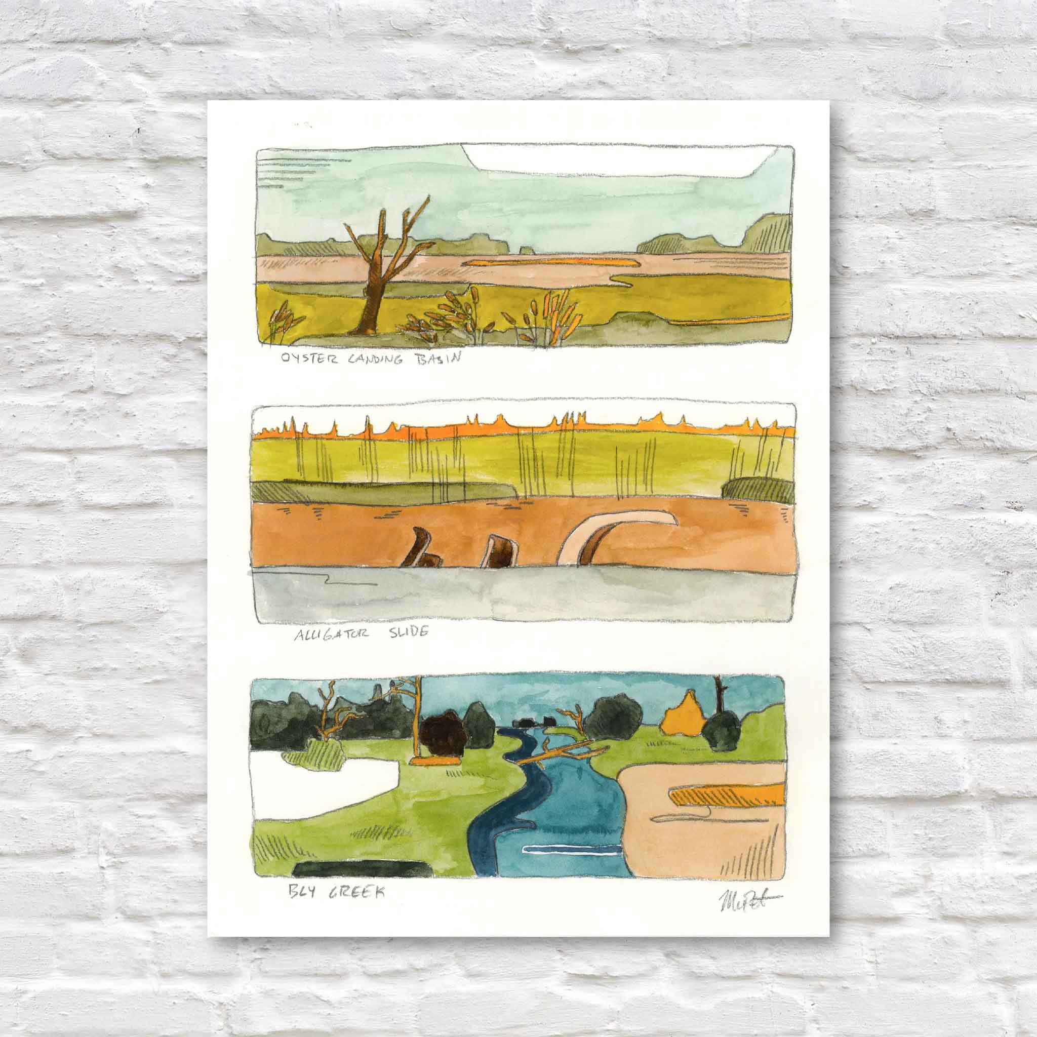 North Inlet Marsh Triptych” giclée print by Maggie Pelton featuring three marsh scenes—Oyster Landing Basin, Alligator Slide, and Bly Creek—painted in earthy greens, oranges, and blues on archival cotton paper, 8.5x11.