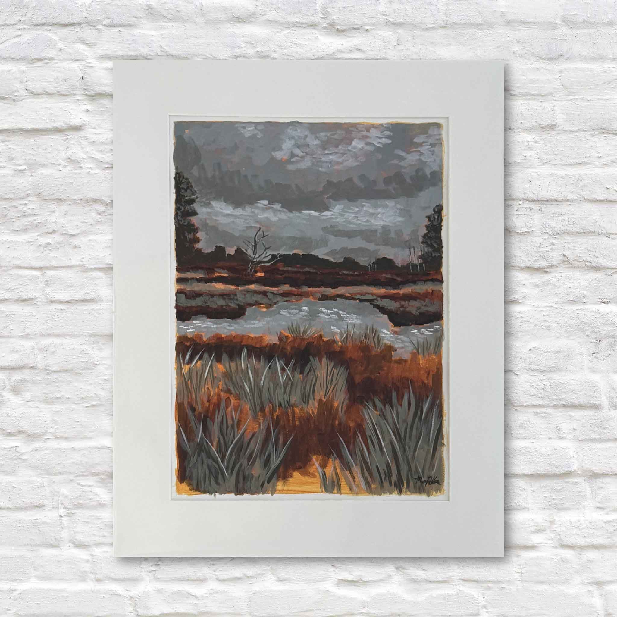 Acrylic painting of Oyster Landing Basin marsh by Maggie Pelton, featuring stormy gray skies and glowing orange grasses, matted to 22x28 and ready to frame.