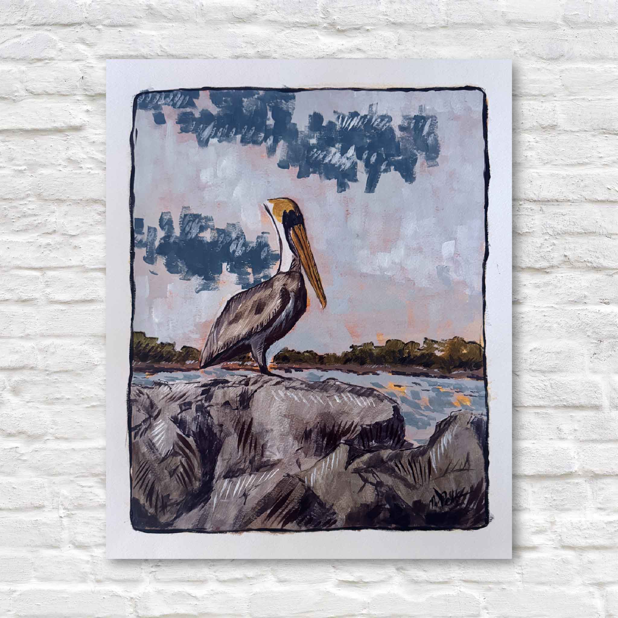 Original acrylic painting Brown Pelican by Maggie Pelton, seabird perched on rocks with coastal sky and water, acrylic on watercolor paper, 16x20 frame-ready.