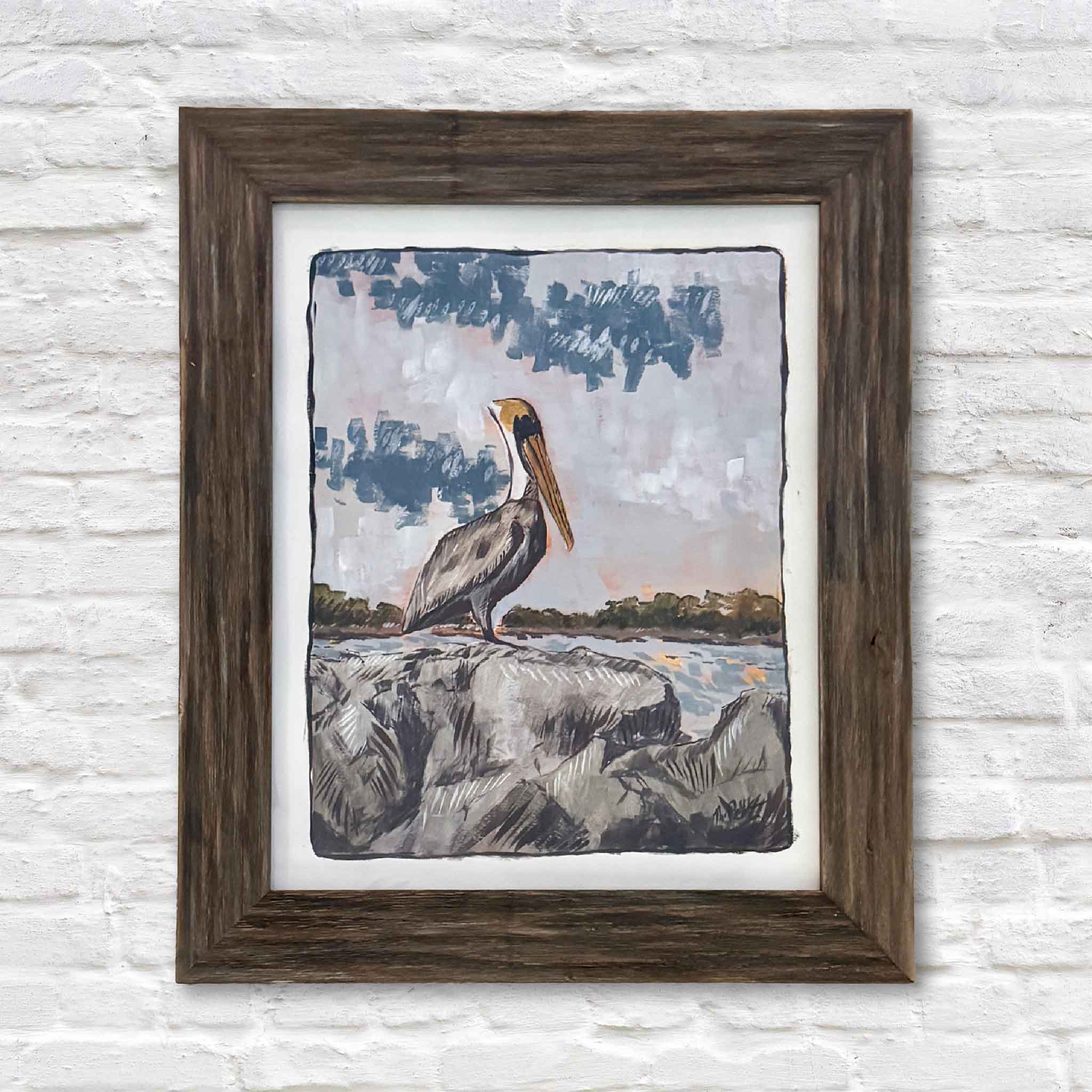 Original acrylic painting Brown Pelican by Maggie Pelton, seabird perched on rocks with coastal sky and water, acrylic on watercolor paper, 16x20 frame-ready.