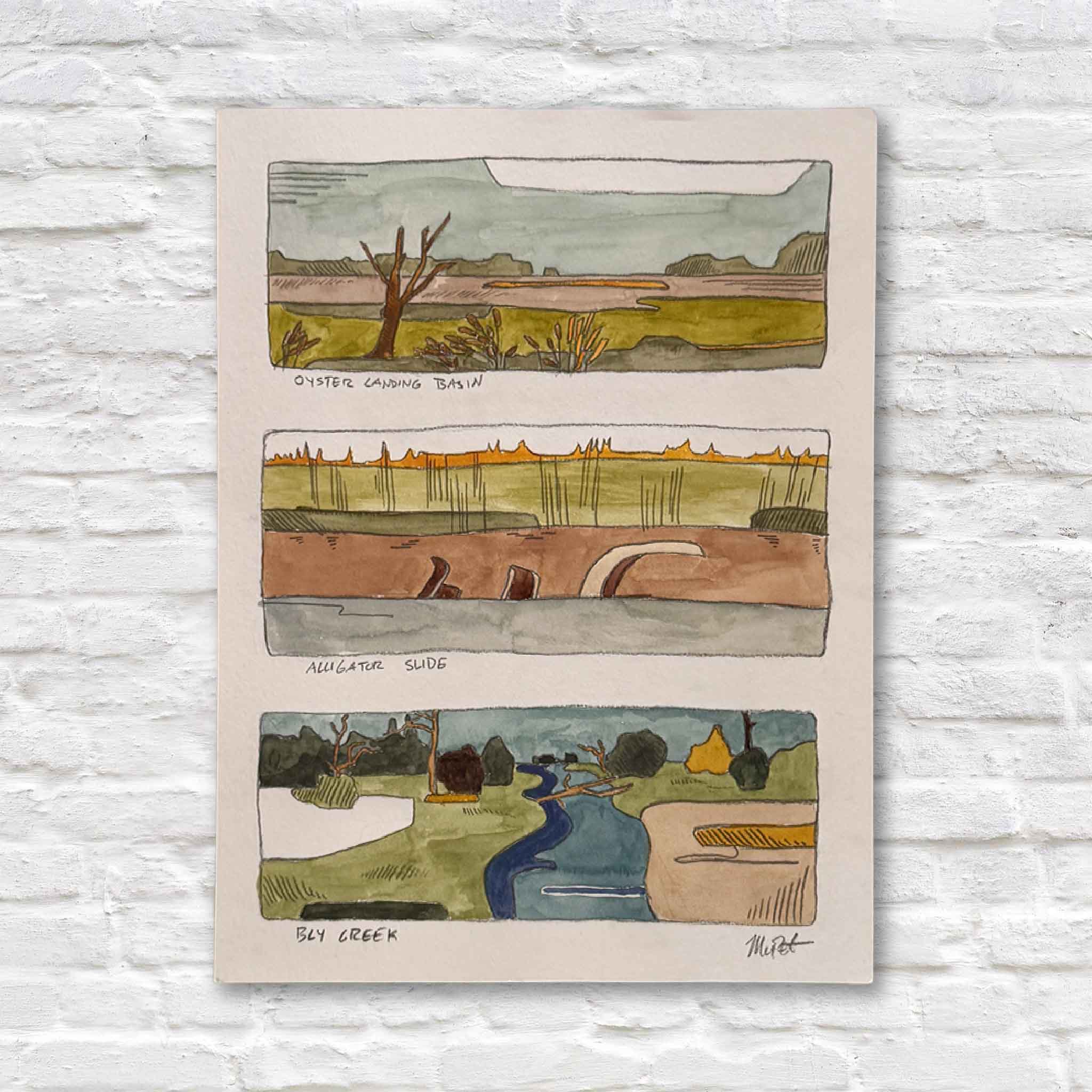 Original watercolor North Inlet Marsh Triptych by South Carolina artist Maggie Pelton, coastal landscape studies of Oyster Catching Basin, Alligator Slough, and Bly Creek in Georgetown SC, available at Gray Man Gallery