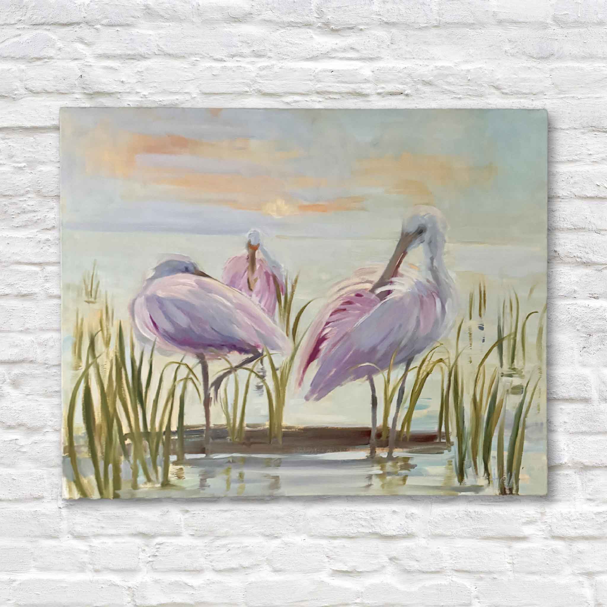 Original oil painting Marsh Siesta by Helli Luck, roseate spoonbills resting in South Carolina marsh, 30x24 gallery-wrapped canvas, available at Gray Man Gallery