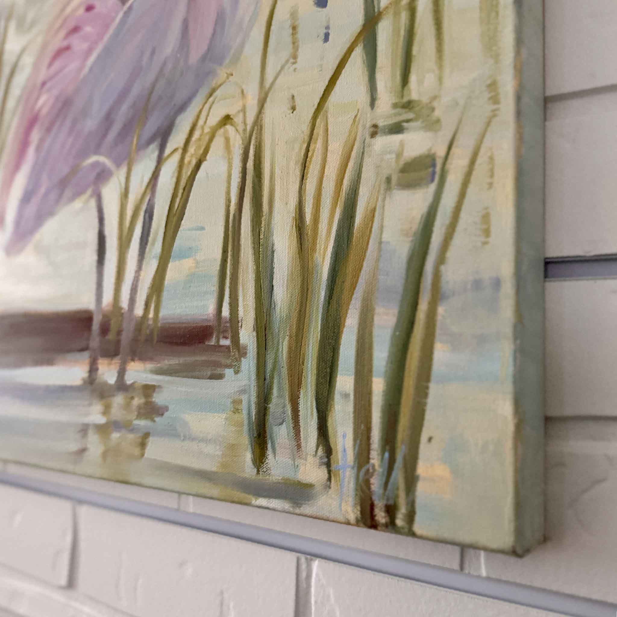 Original oil painting Marsh Siesta by Helli Luck, roseate spoonbills resting in South Carolina marsh, 30x24 gallery-wrapped canvas, available at Gray Man Gallery