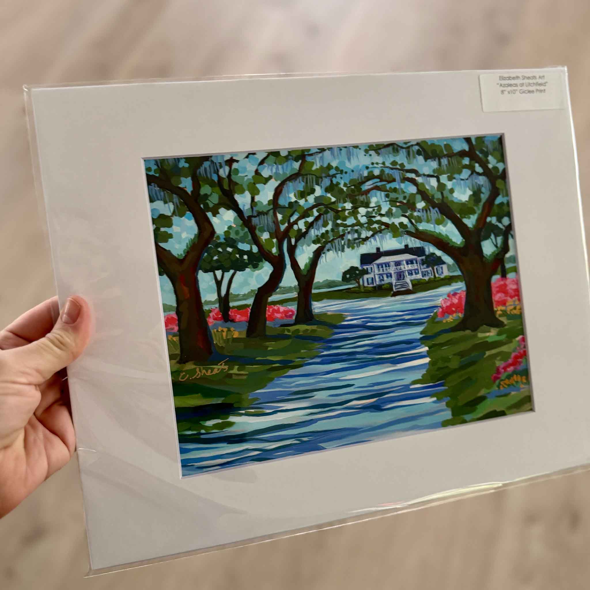 Azaleas at Litchfield giclée print by Elizabeth Sheats, Lowcountry landscape of Litchfield Plantation with azaleas, live oaks, and Southern home, 8x10 print matted to 11x14, available at Gray Man Gallery