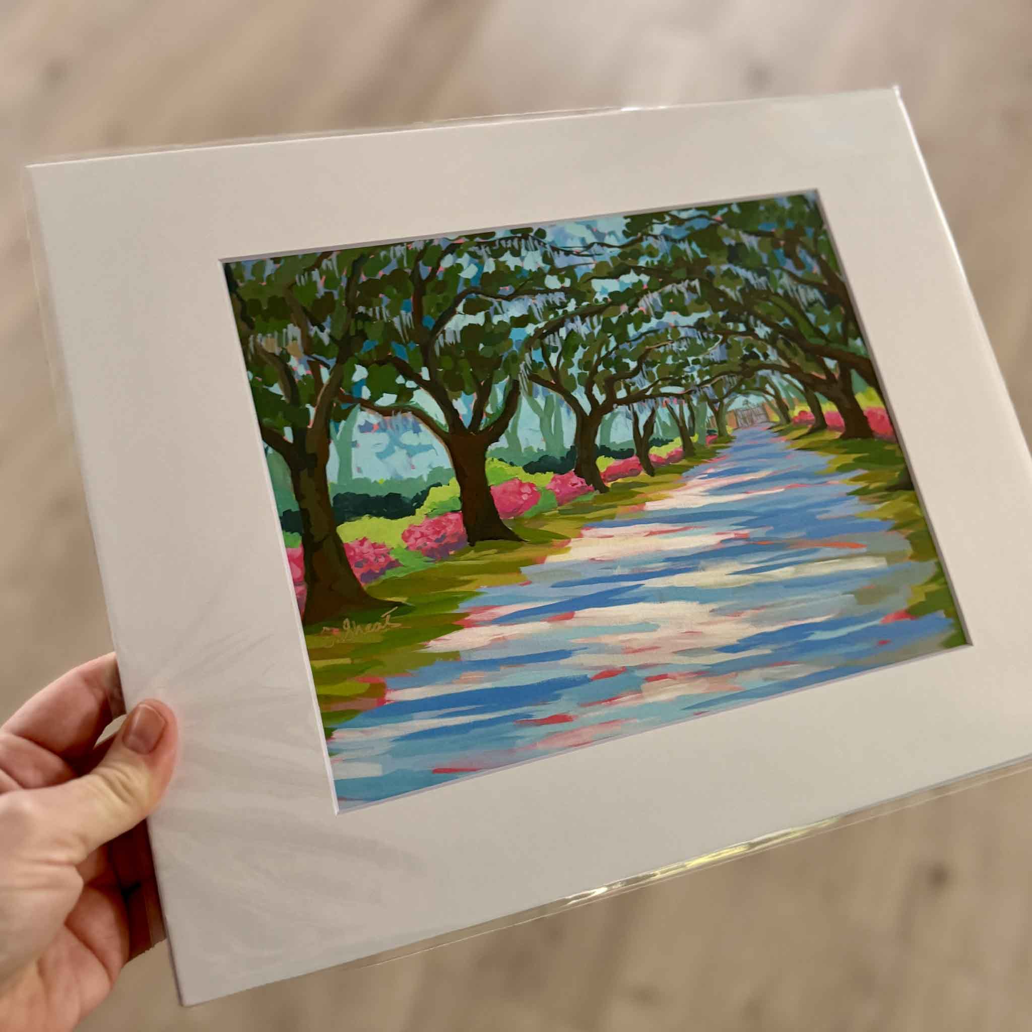 Litchfield Canopy in Spring giclée print by Elizabeth Sheats, Lowcountry landscape with azaleas, live oaks, and Spanish moss at Litchfield Plantation, 11x14 print matted to 16x20, available at Gray Man Gallery