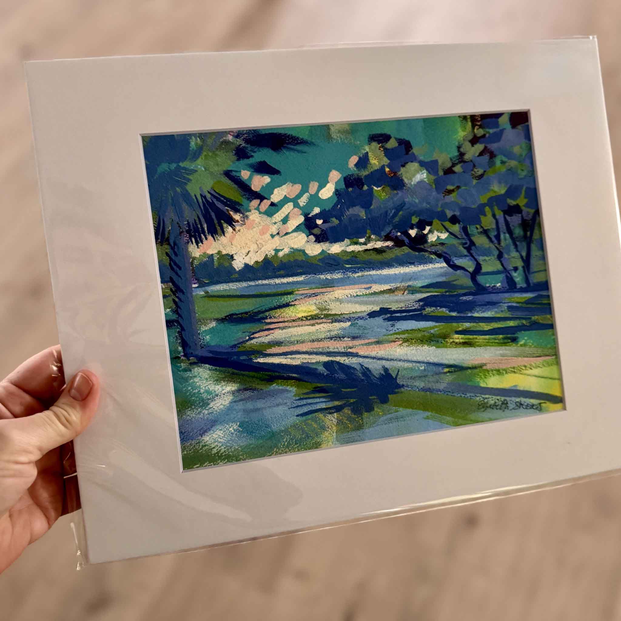 Early Dawn giclée print by Elizabeth Sheats, South Carolina coastal sunrise with palmettos and blue-green marsh reflections, 8x10 print matted to 11x14, available at Gray Man Gallery