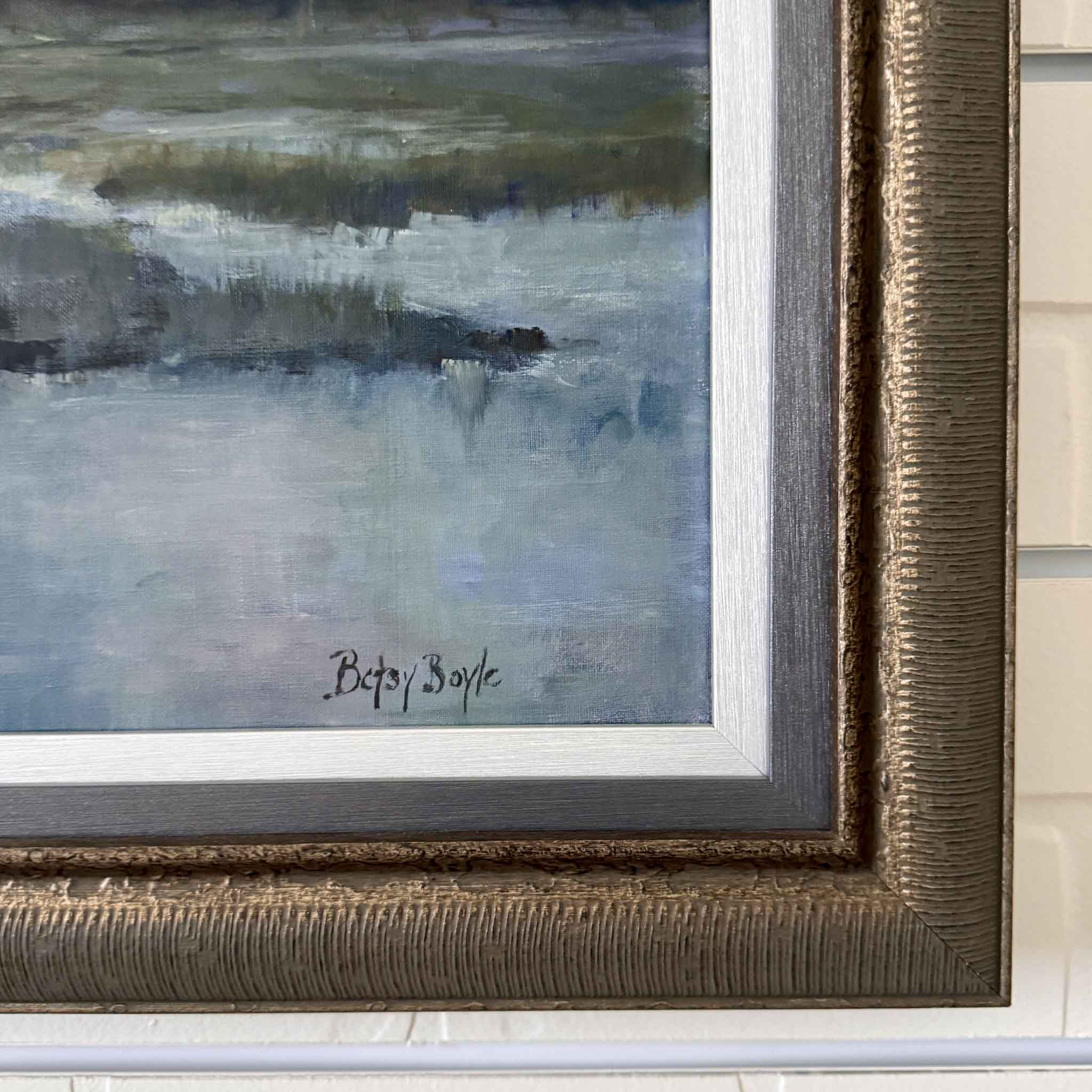 Night Is As Day oil painting by Betsy Boyle, framed coastal marsh landscape under moonlight with soft clouds and reflections, Lowcountry artwork exclusive to Gray Man Gallery