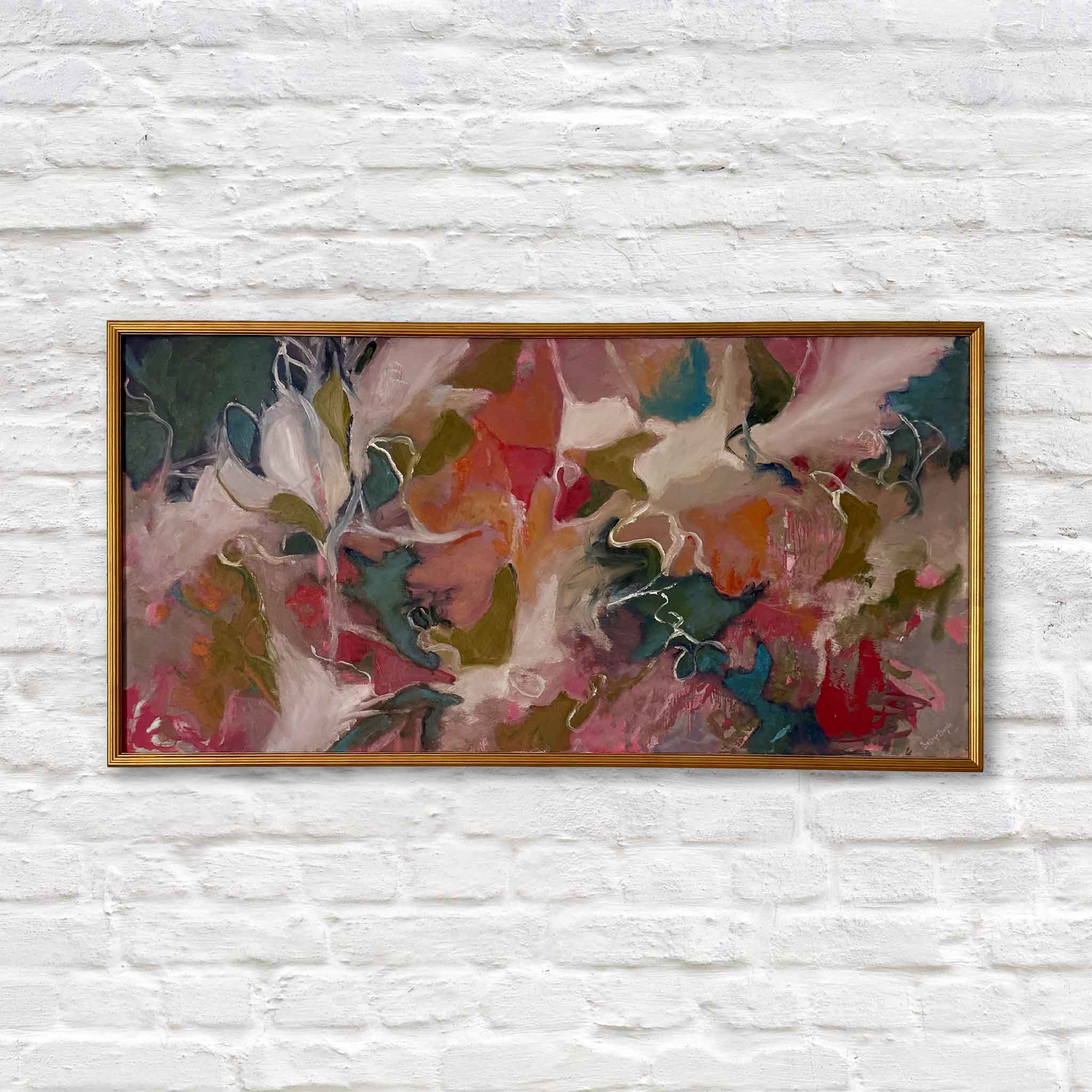Unleashed oil painting by Betsy Boyle, framed abstract artwork in red, coral, and green tones with layered texture and movement, exclusive to Gray Man Gallery