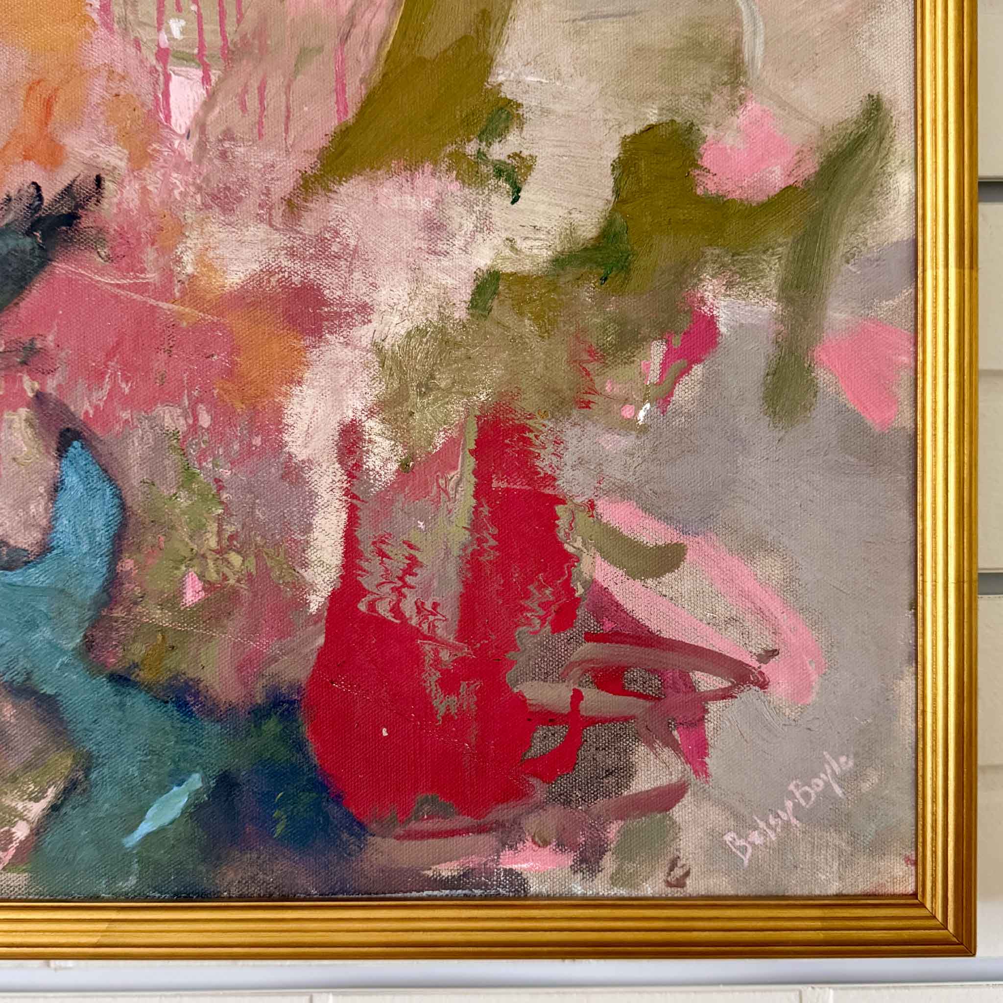 Unleashed oil painting by Betsy Boyle, framed abstract artwork in red, coral, and green tones with layered texture and movement, exclusive to Gray Man Gallery