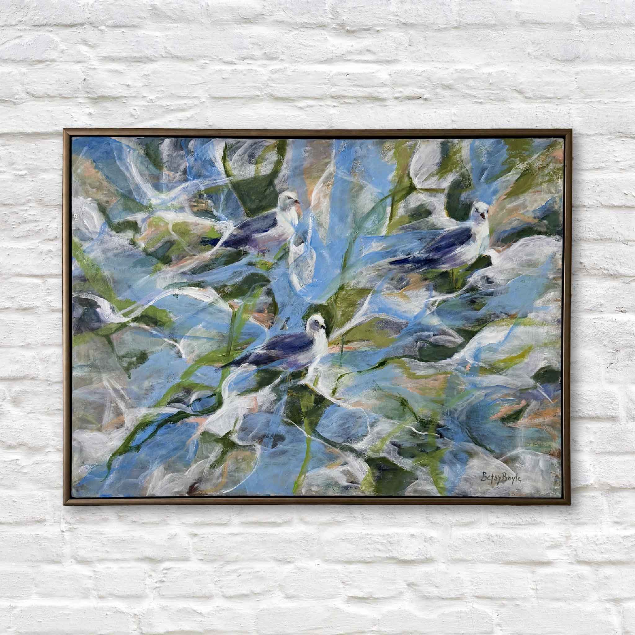 Never in a Frenzy oil painting by Betsy Boyle, framed coastal bird artwork in blue and green tones, depicting seagulls in flight over marsh, Lowcountry art exclusive to Gray Man Gallery