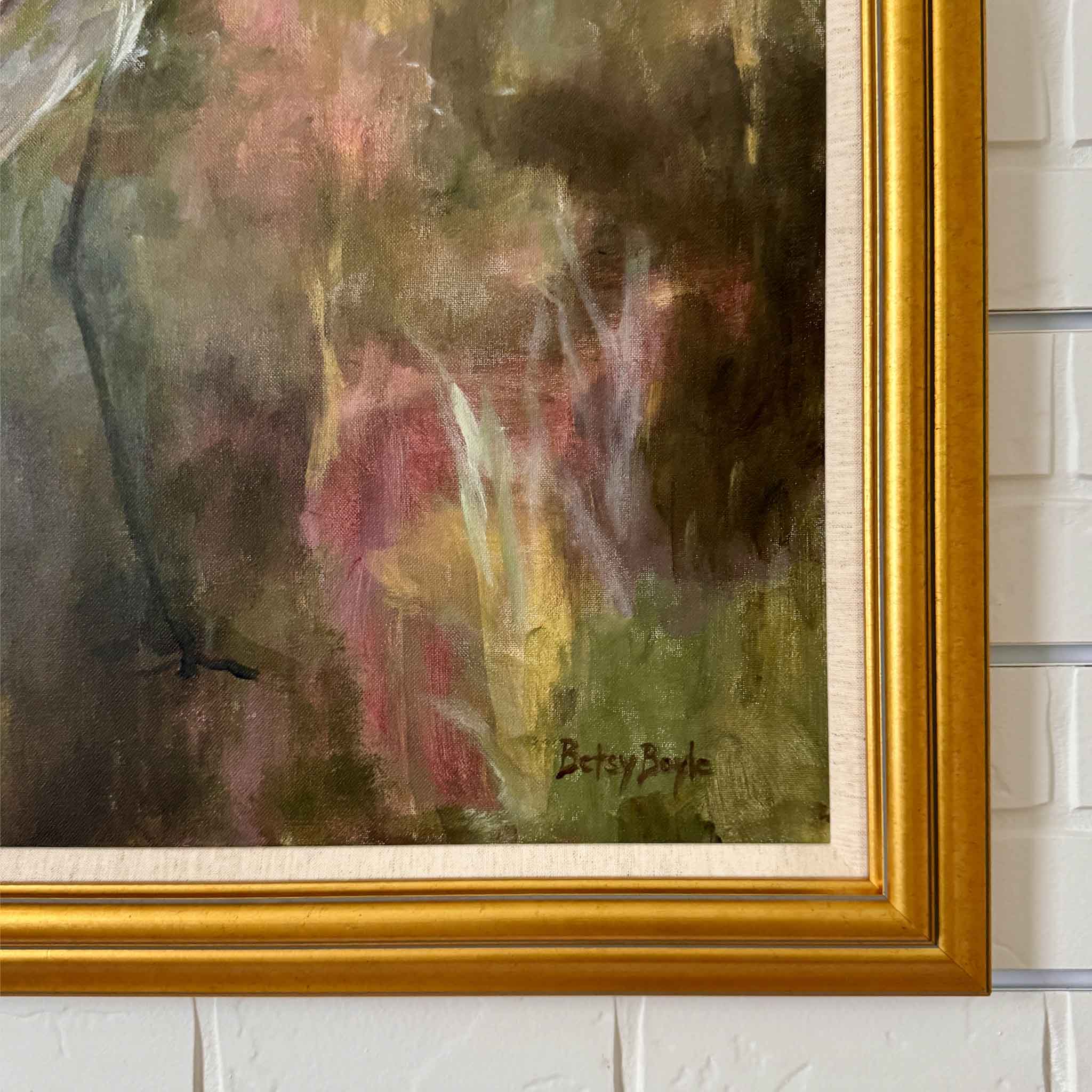 Watching acrylic painting by Betsy Boyle, framed egret bird artwork in soft marsh landscape with pink and green tones, South Carolina coastal art, exclusive to Gray Man Gallery