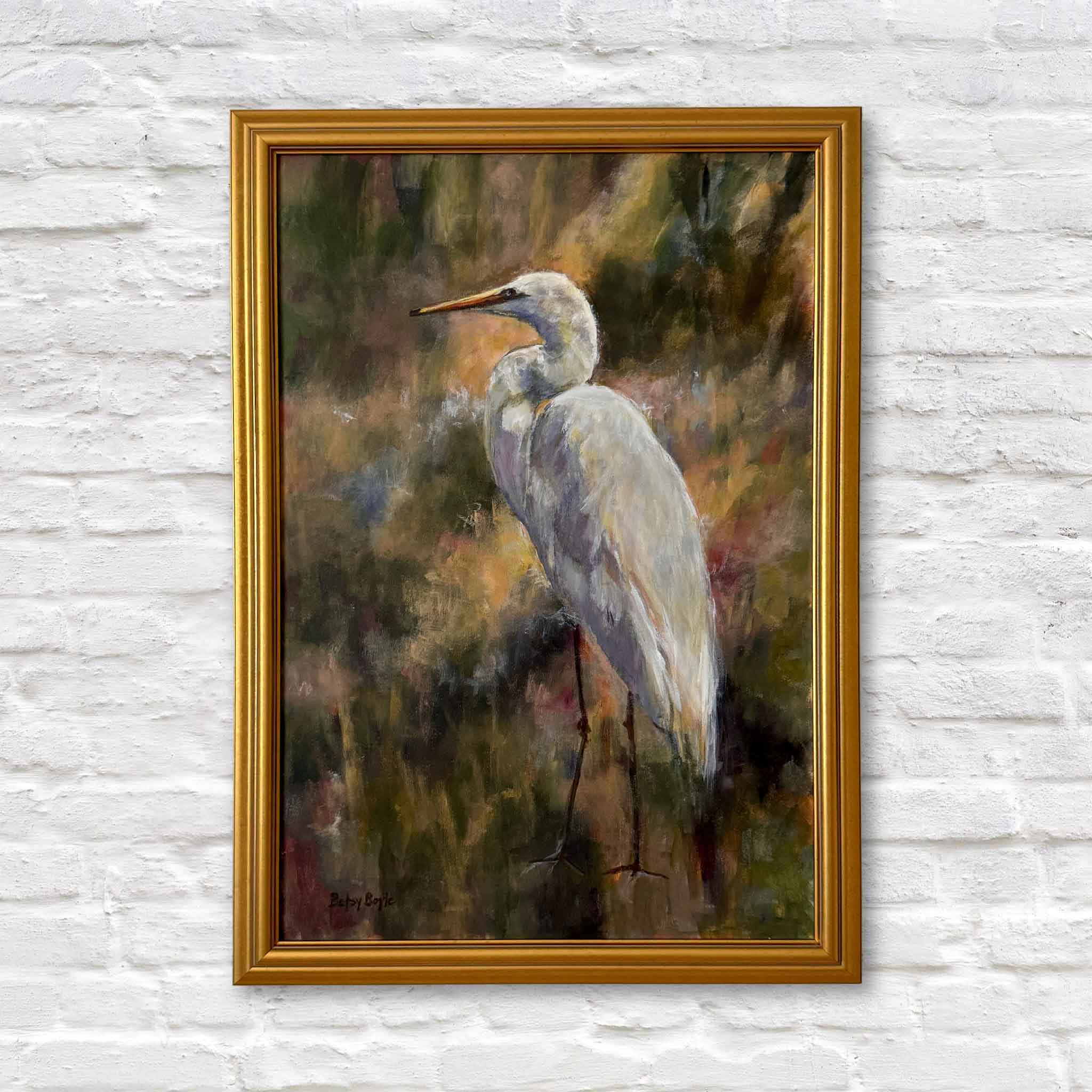 Be Still acrylic painting by Betsy Boyle, framed egret bird artwork with soft marsh background and muted coastal tones, South Carolina Lowcountry art, exclusive to Gray Man Gallery