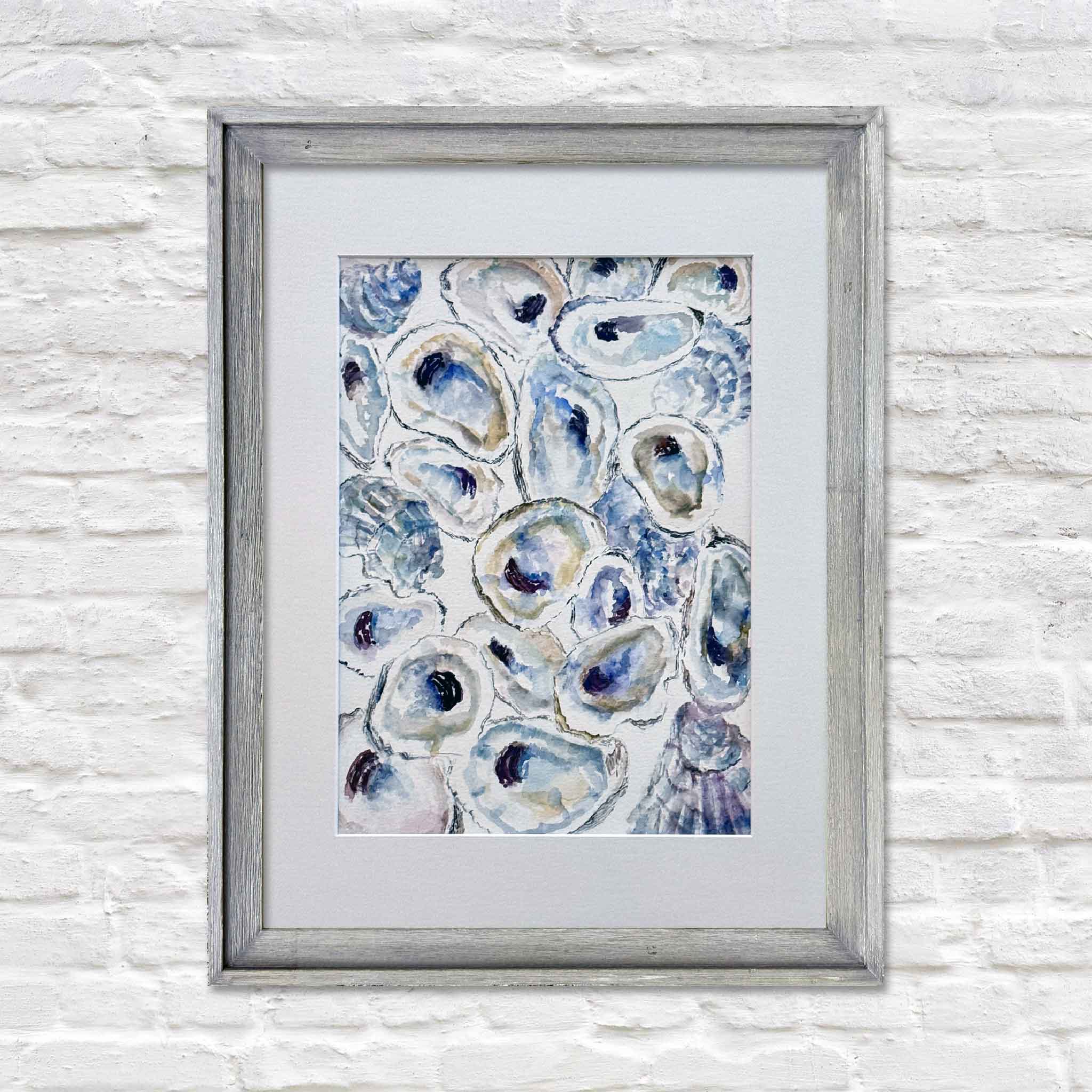 Gathered Jewels original watercolor by Allison Farr, featuring clustered oyster shells in pearl, indigo, and lavender hues, matted to 16x20, coastal South Carolina art