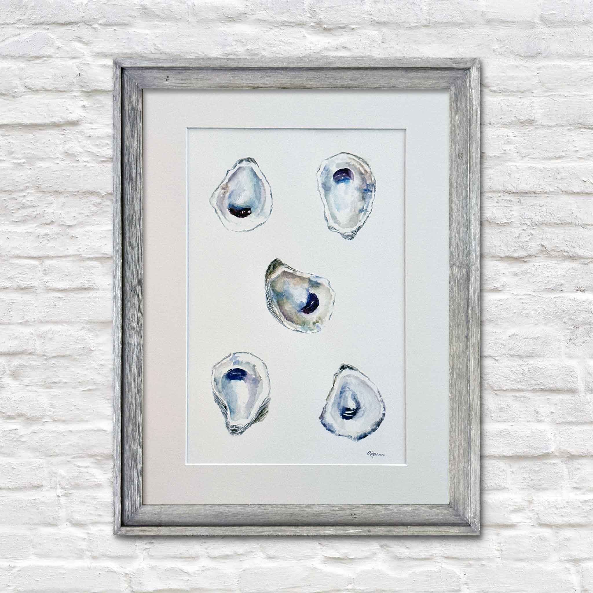 Harmony original watercolor by Allison Farr, featuring five oyster shells in soft coastal tones of lavender, indigo, and sand, matted to 18x24, Lowcountry art