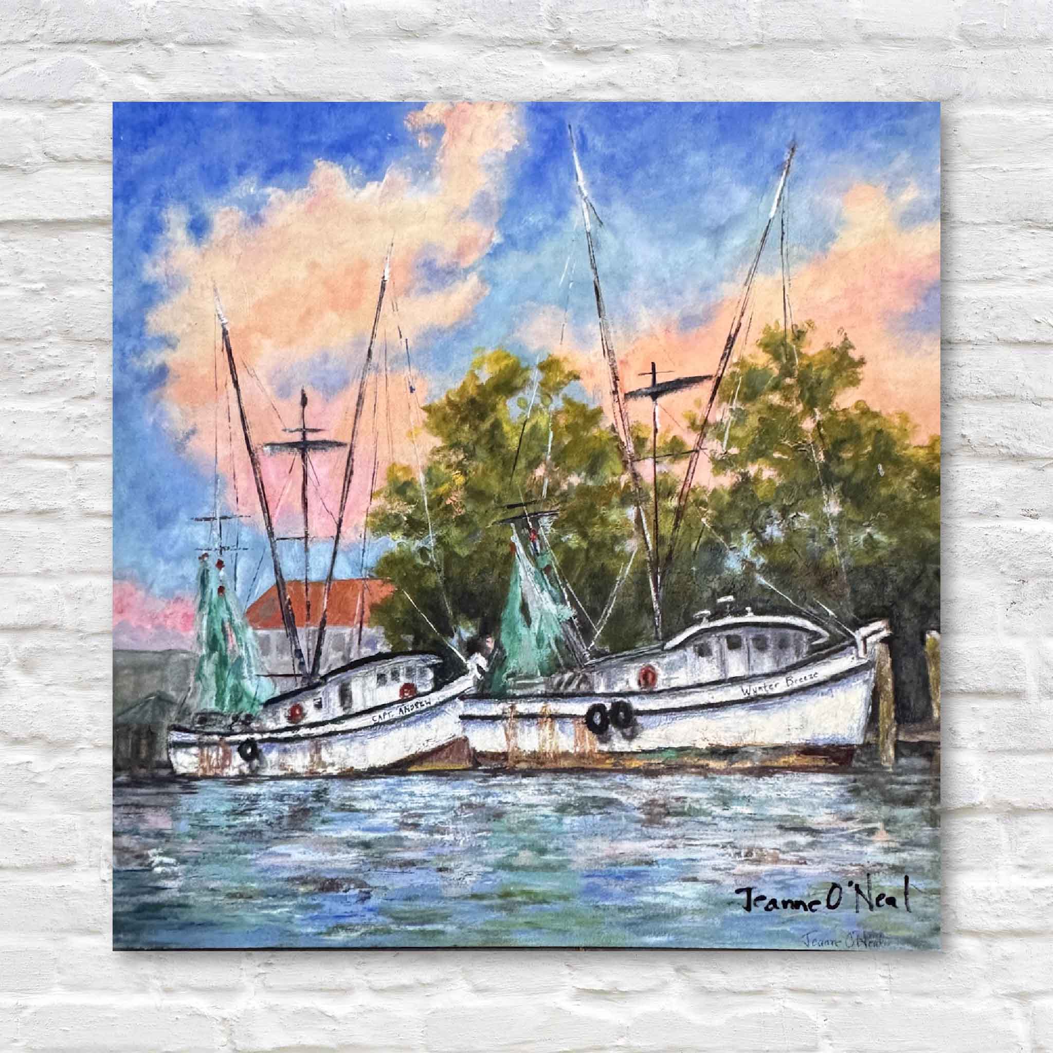 End of Day giclée print by Jeanne O’Neal, 4x4 acrylic block featuring shrimp boats docked under a pastel sunset, coastal South Carolina art, exclusive to Gray Man Gallery